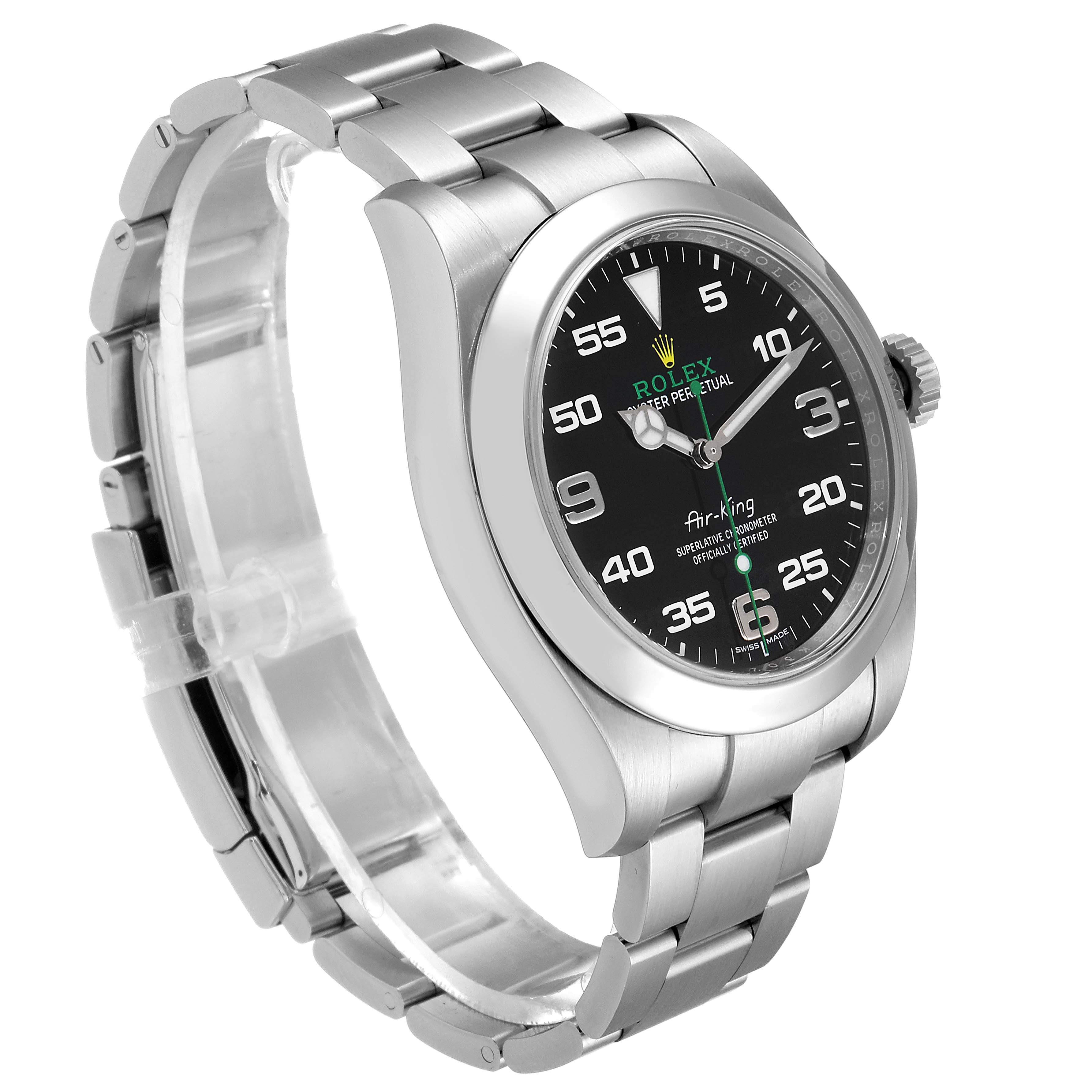 The image shows a Rolex Air-King 116900 Men's Stainless Steel Black Dial 116900 Men's Stainless Steel Black Dial watch from a left-side angle, displaying its face, bezel, and part of the bracelet.