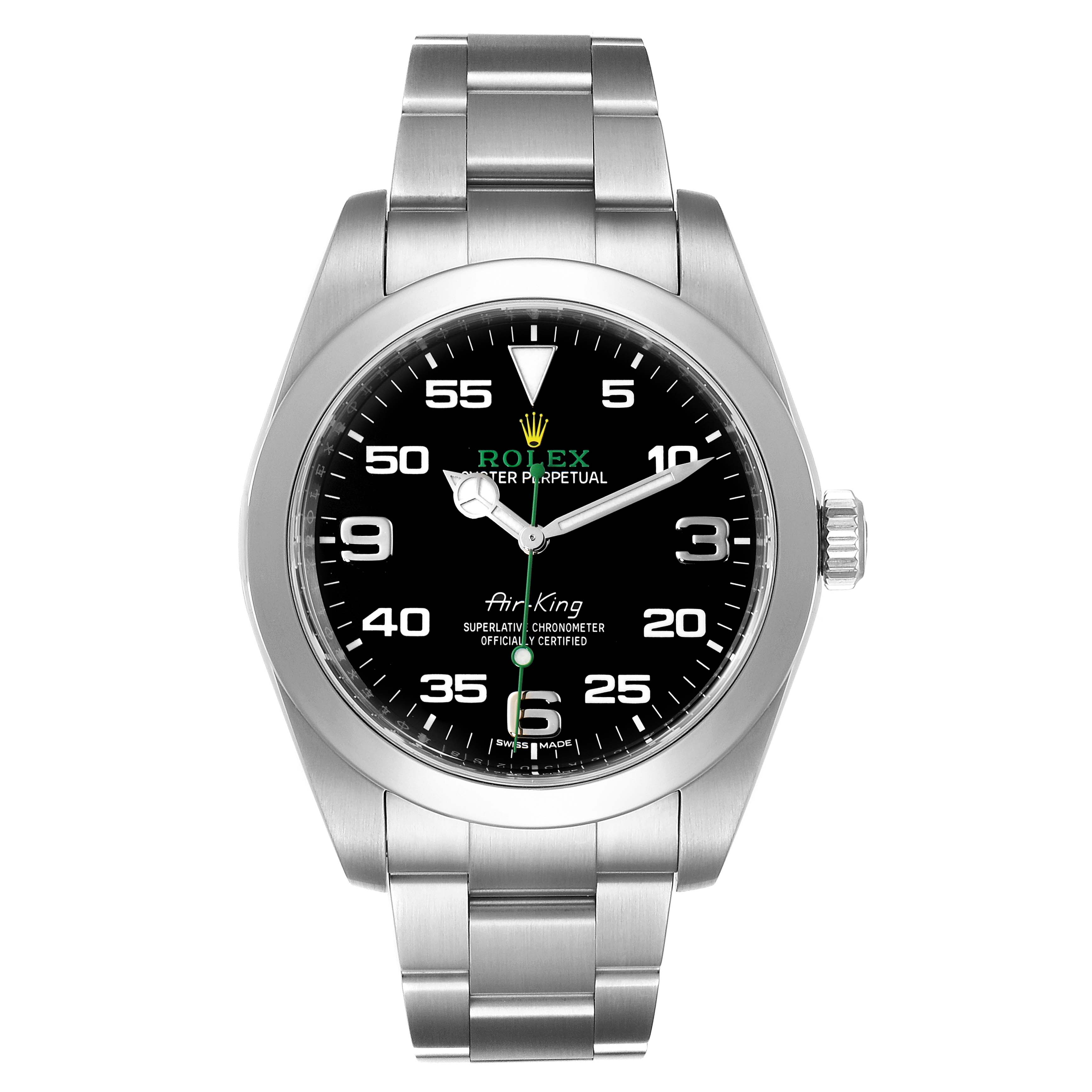 The image shows a Rolex Air-King 116900 Men's Stainless Steel Black Dial 116900 Men's Stainless Steel Black Dial watch from a front view, featuring its black dial, stainless steel case, and bracelet.