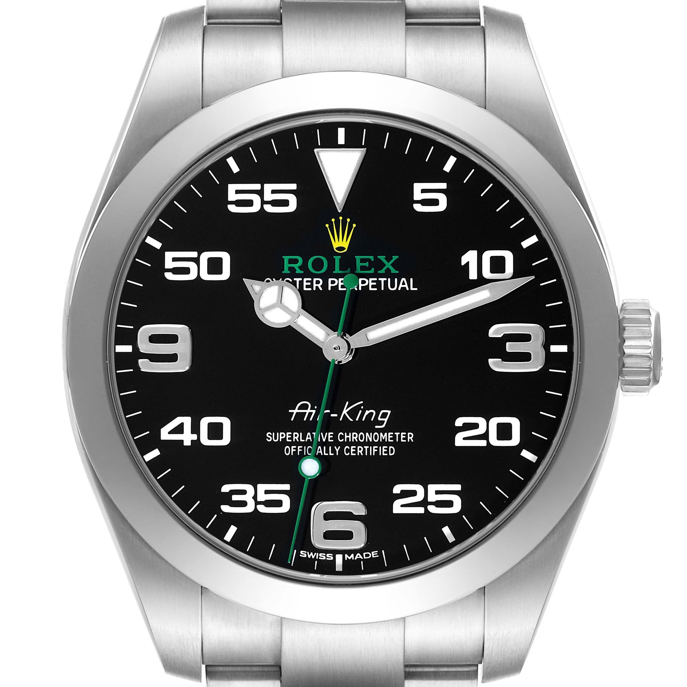 The image shows a front view of the Rolex Air-King 116900 Men's Stainless Steel Black Dial 116900 Men's Stainless Steel Black Dial watch, focusing on its dial and stainless steel bracelet.