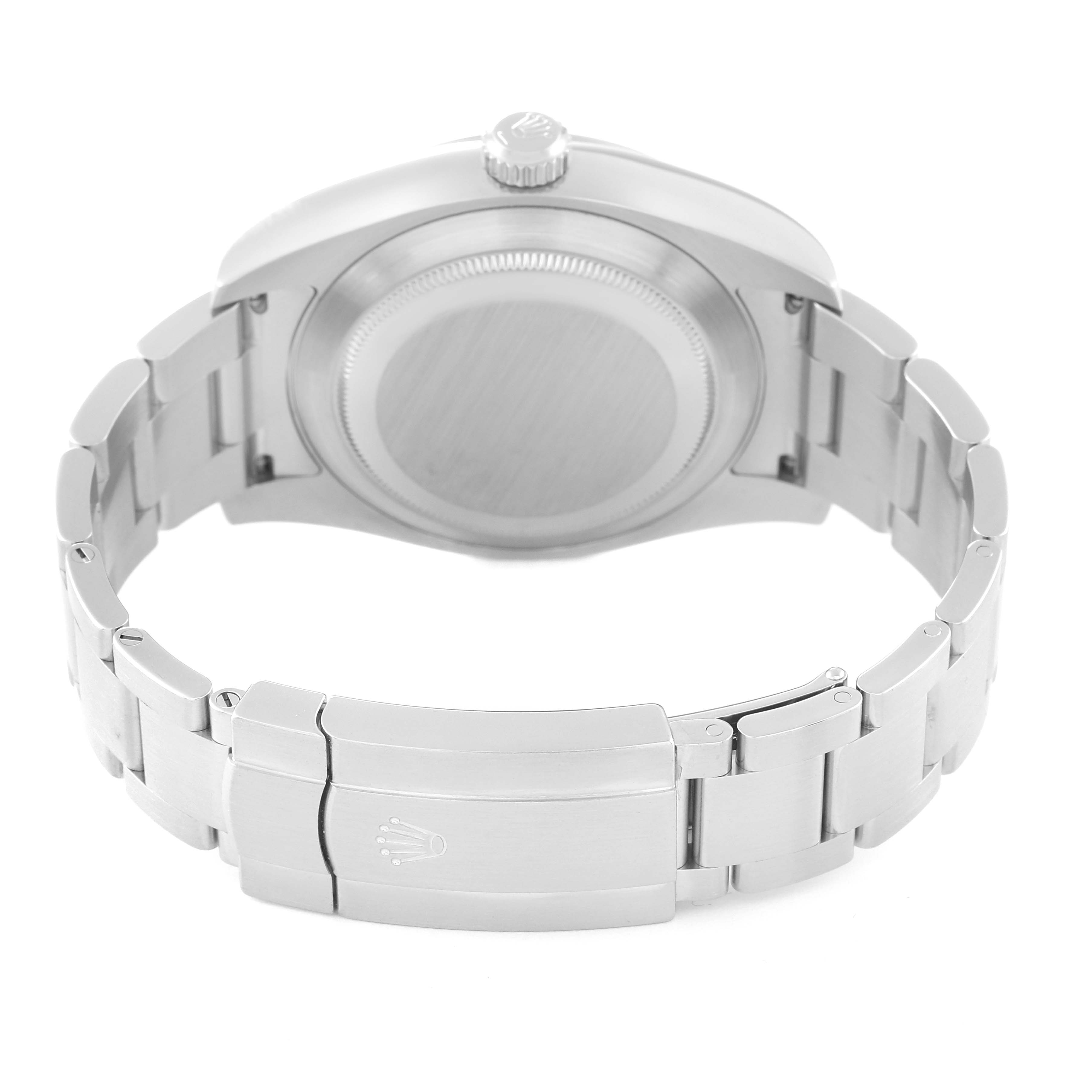 The image shows the back view of a Rolex Air-King 116900 Men's Stainless Steel Black Dial 116900 Men's Stainless Steel Black Dial watch, highlighting its case back and bracelet.