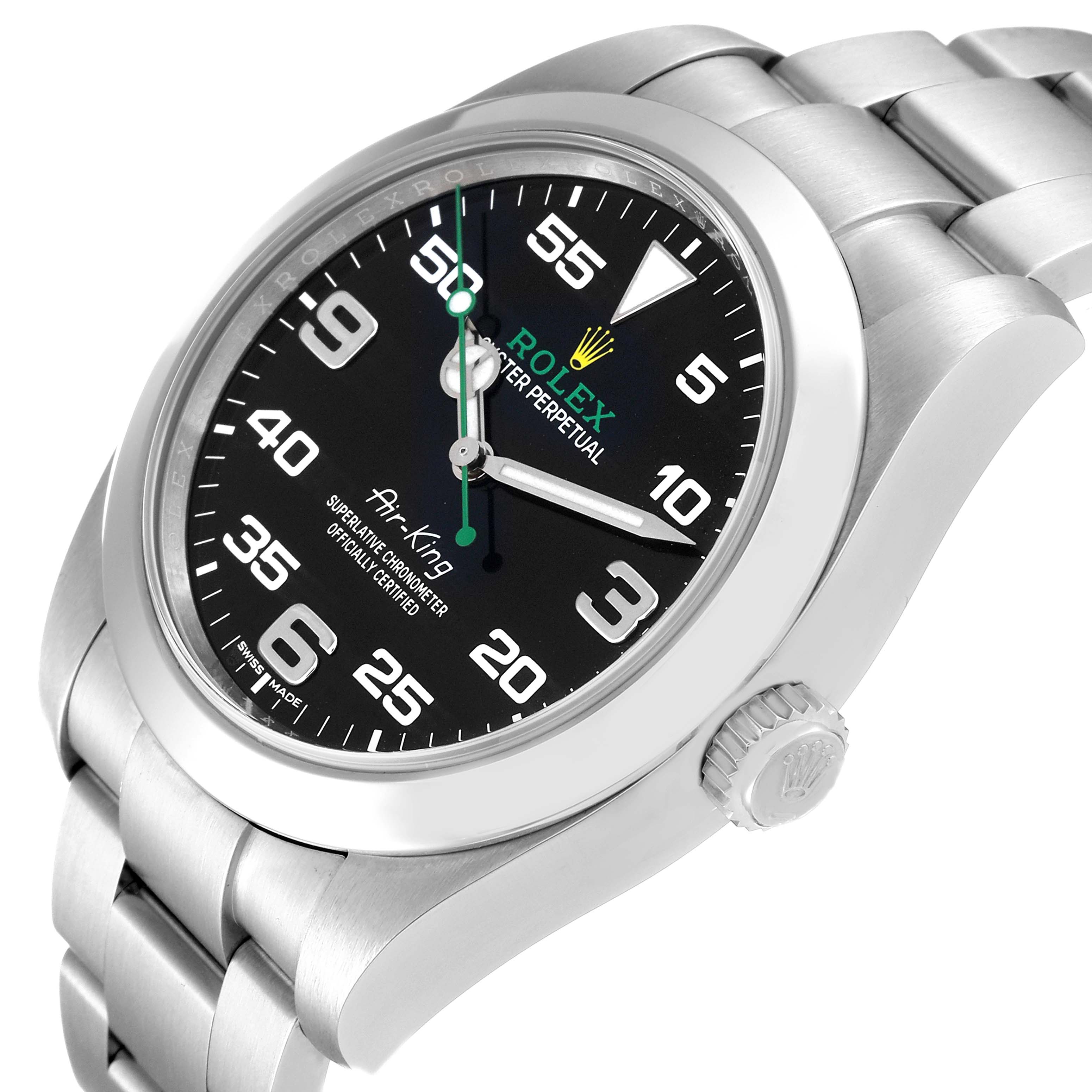 The image shows a Rolex Air-King 116900 Men's Stainless Steel Black Dial 116900 Men's Stainless Steel Black Dial watch at an angled view, highlighting the black dial, silver band, and crown.