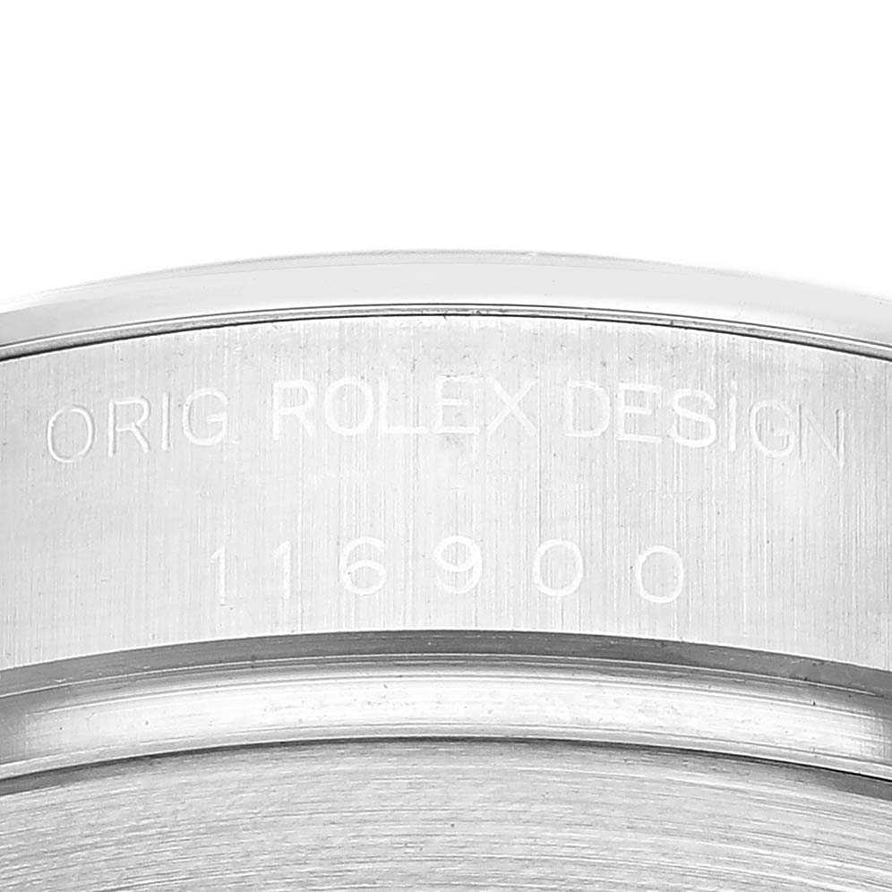 The image shows a close-up of the engraved case side of a Rolex Air-King 116900 Men's Stainless Steel Black Dial 116900 Men's Stainless Steel Black Dial model, displaying the design and model number.