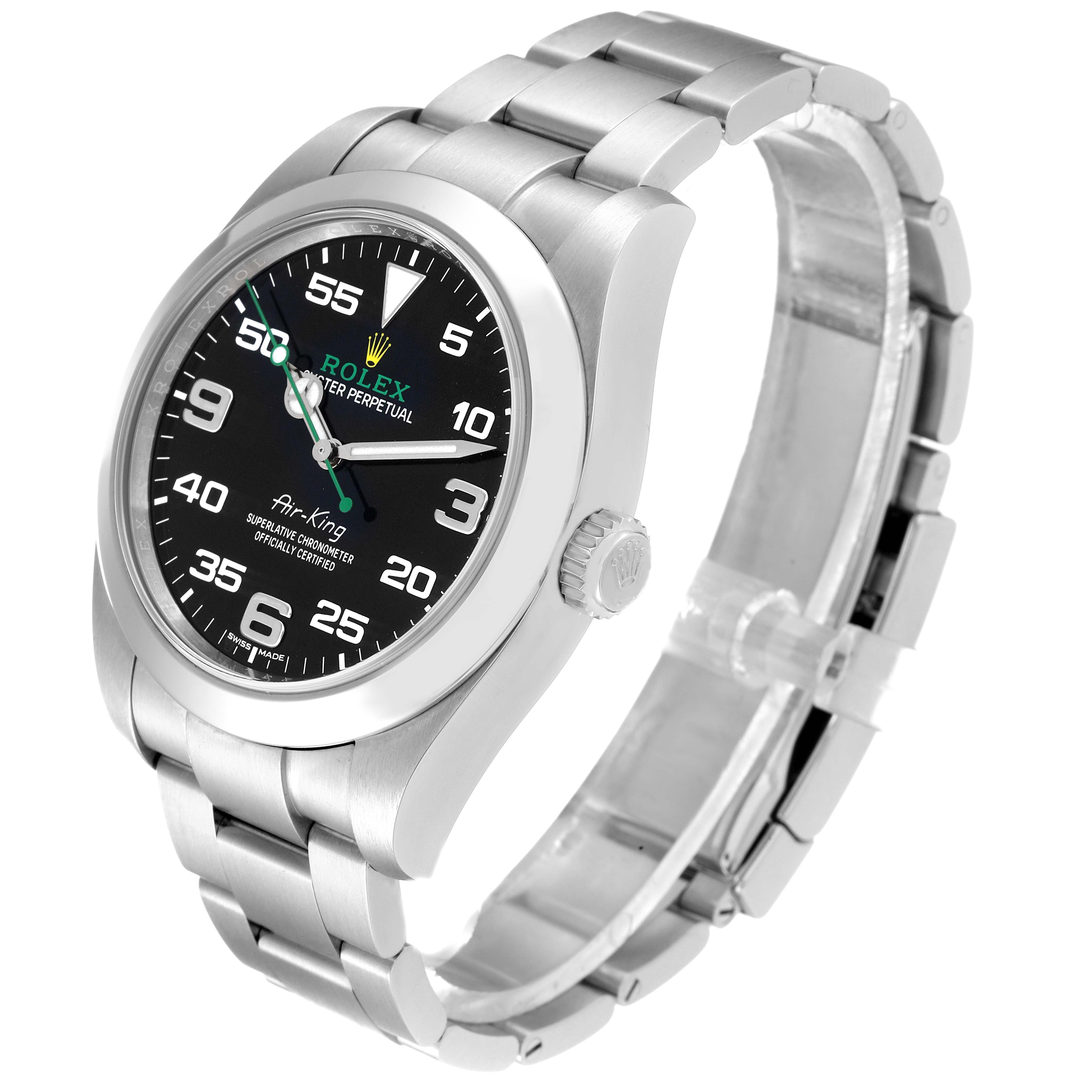 The Rolex Air-King 116900 Men's Stainless Steel Black Dial 116900 Men's Stainless Steel Black Dial watch is shown at a three-quarter angle, displaying its black dial, silver bezel, bracelet, and crown.