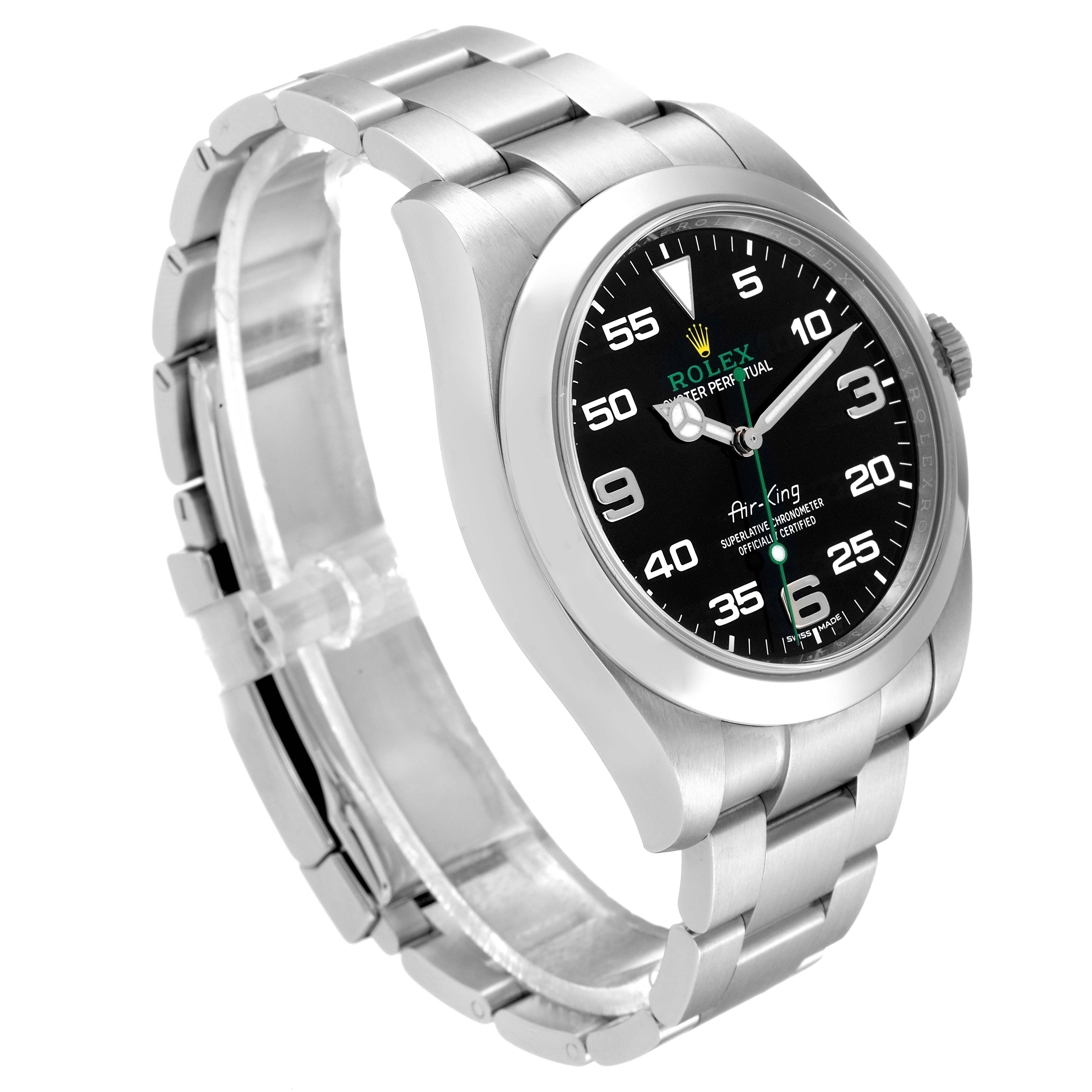 The image shows a Rolex Air-King 116900 Men's Stainless Steel Black Dial 116900 Men's Stainless Steel Black Dial watch at a slight angle, highlighting its black dial, metallic bracelet, and bezel.