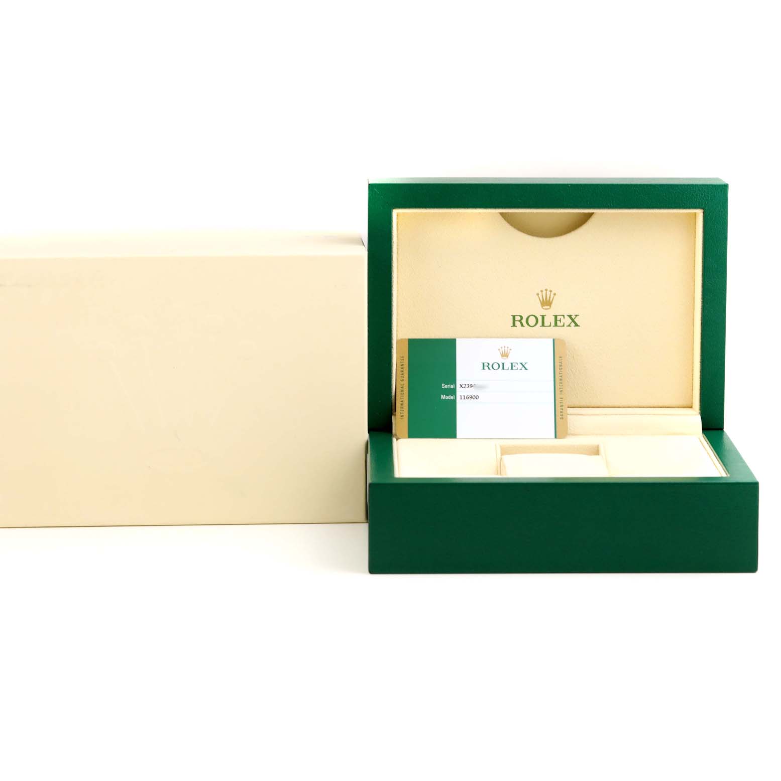 The image shows the opened box and warranty card for a Rolex Air-King 116900 Men's Stainless Steel Black Dial 116900 Men's Stainless Steel Black Dial watch.
