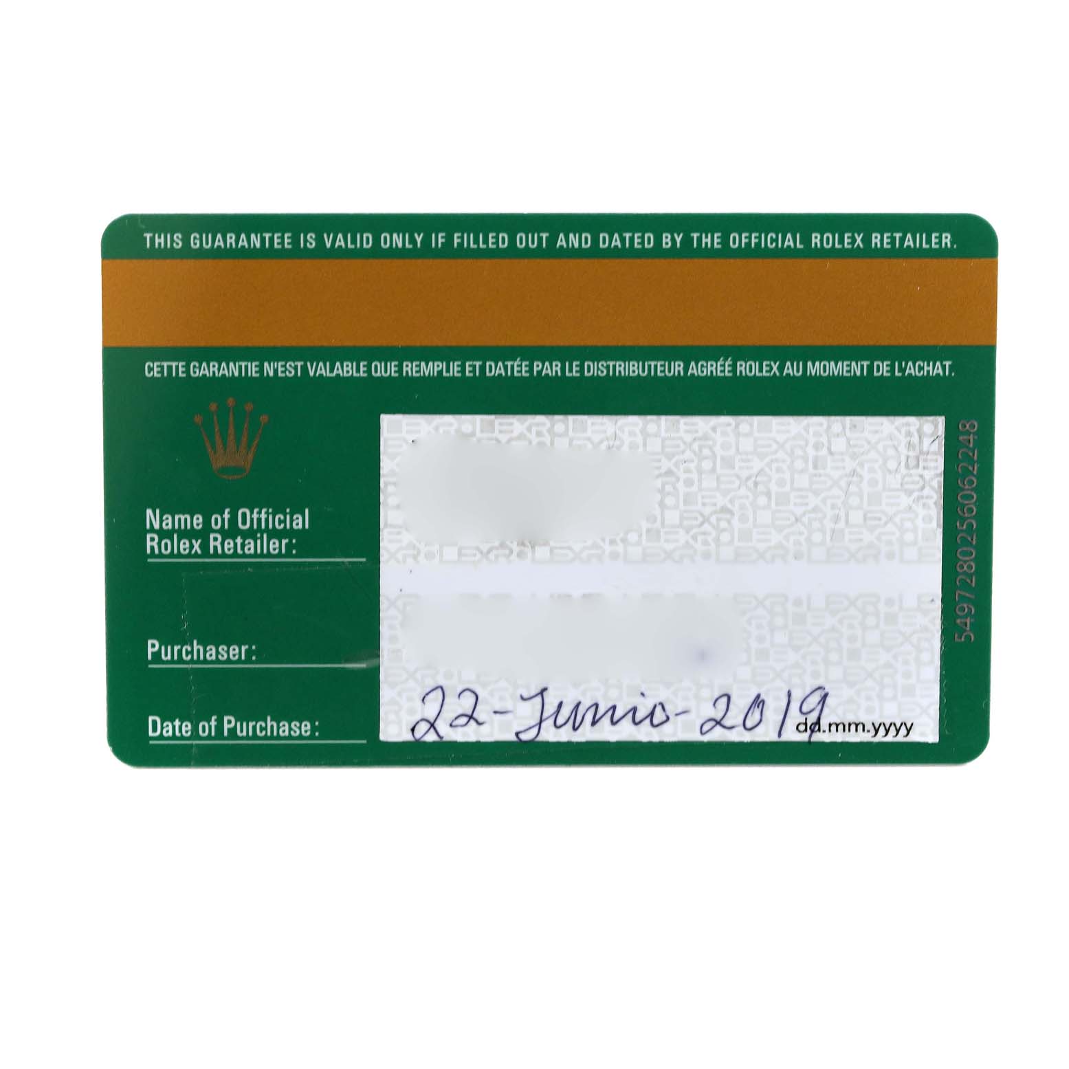 This image shows the guarantee card for a Rolex Air-King 116900 Men's Stainless Steel Black Dial 116900 Men's Stainless Steel Black Dial watch, including the purchase date and retailer details.