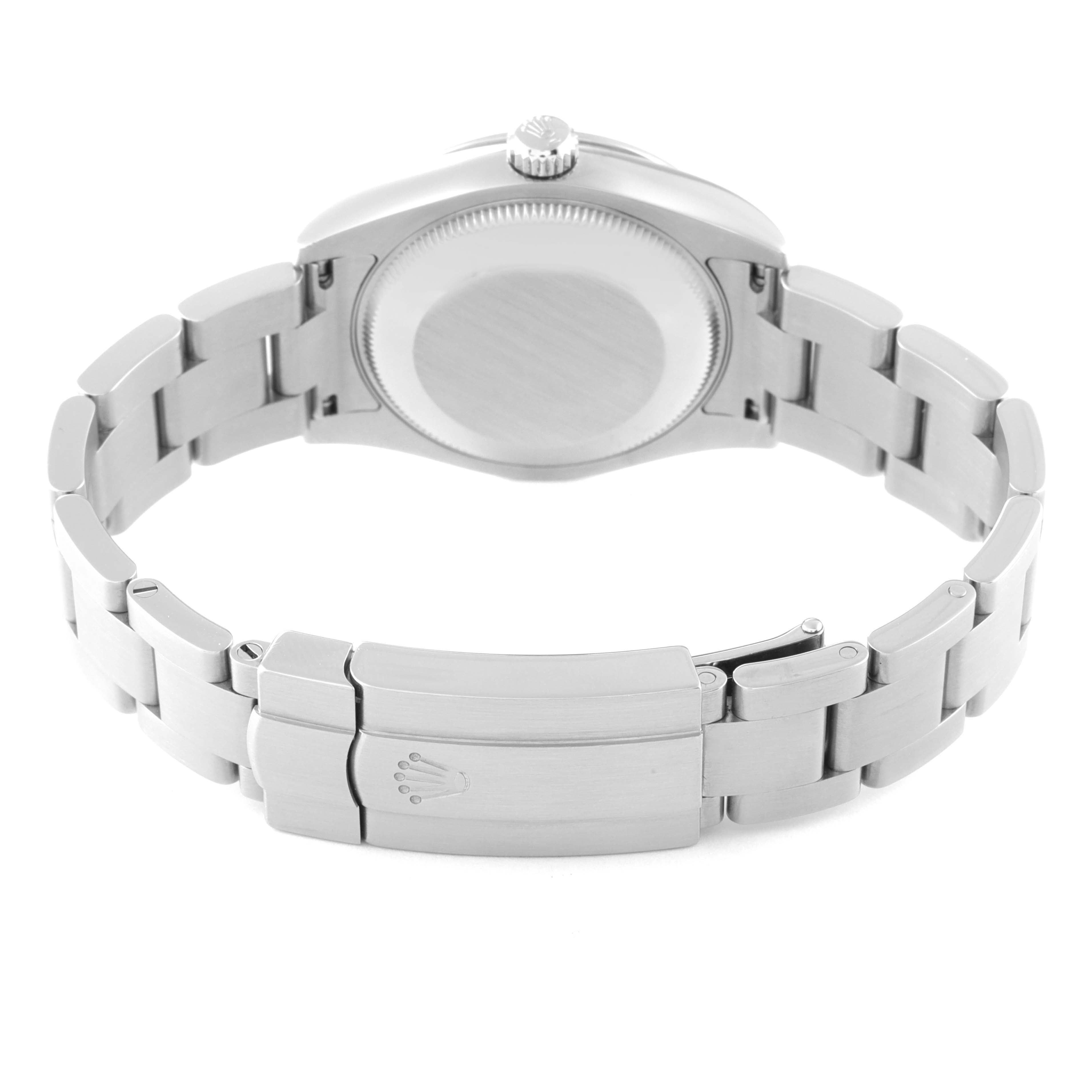 This image shows the back view of a Rolex Mid-Size 177200 Women
s Stainless Steel Blue Dial 177200 Women
s Stainless Steel Blue Dial watch, highlighting its clasp and bracelet.