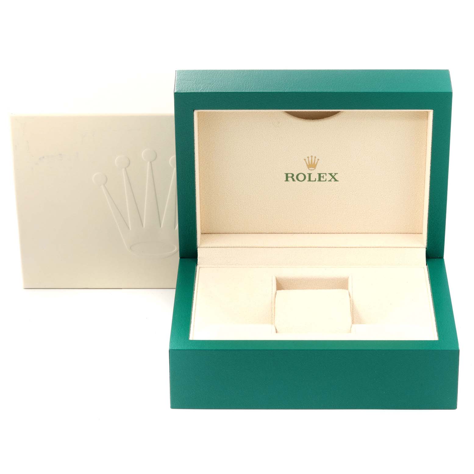 The image shows an empty green and beige Rolex watch box with the brand
s logo inside.