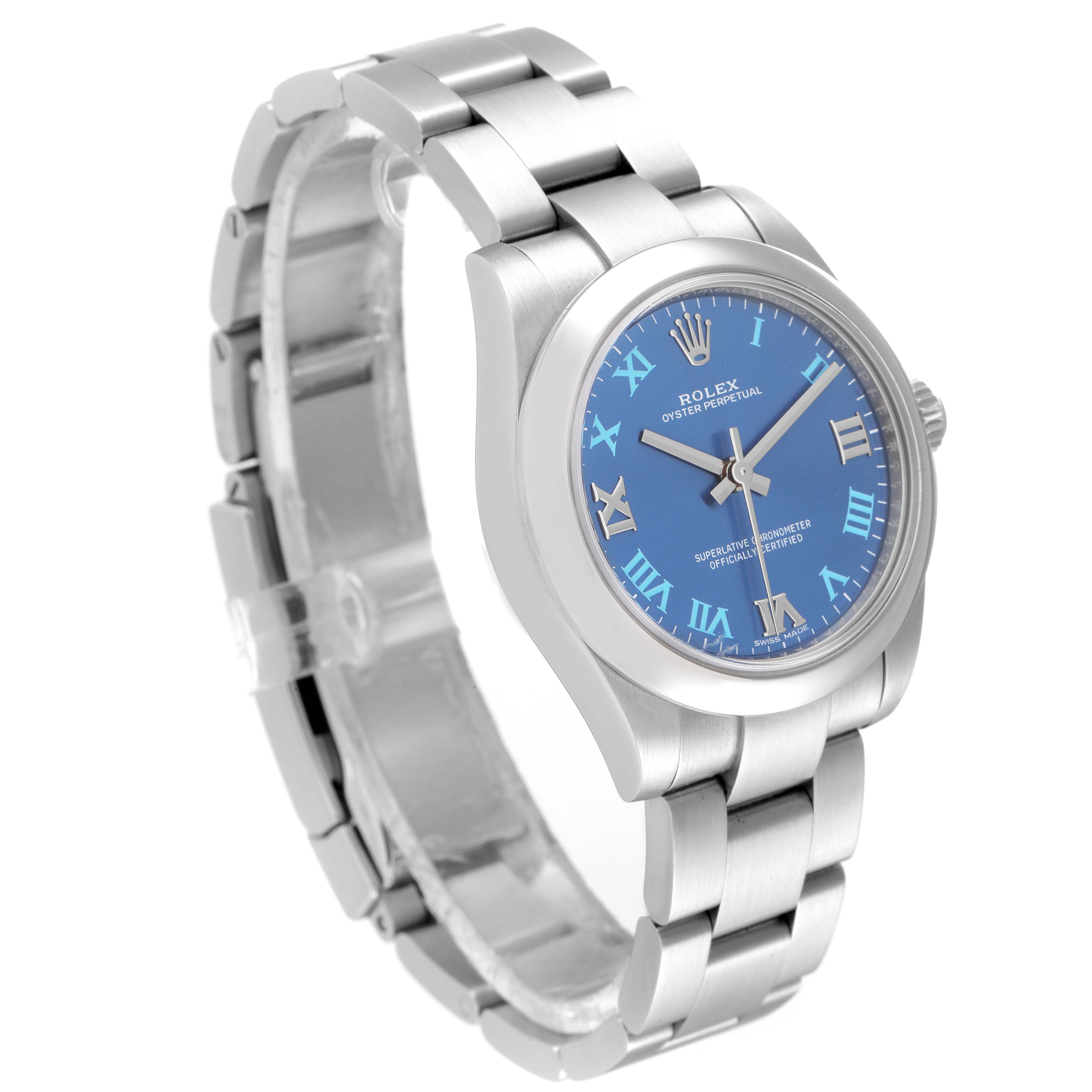 The image shows a Rolex Mid-Size 177200 Women
s Stainless Steel Blue Dial 177200 Women
s Stainless Steel Blue Dial Oyster Perpetual watch from a three-quarter angle, highlighting its blue dial and stainless steel bracelet.
