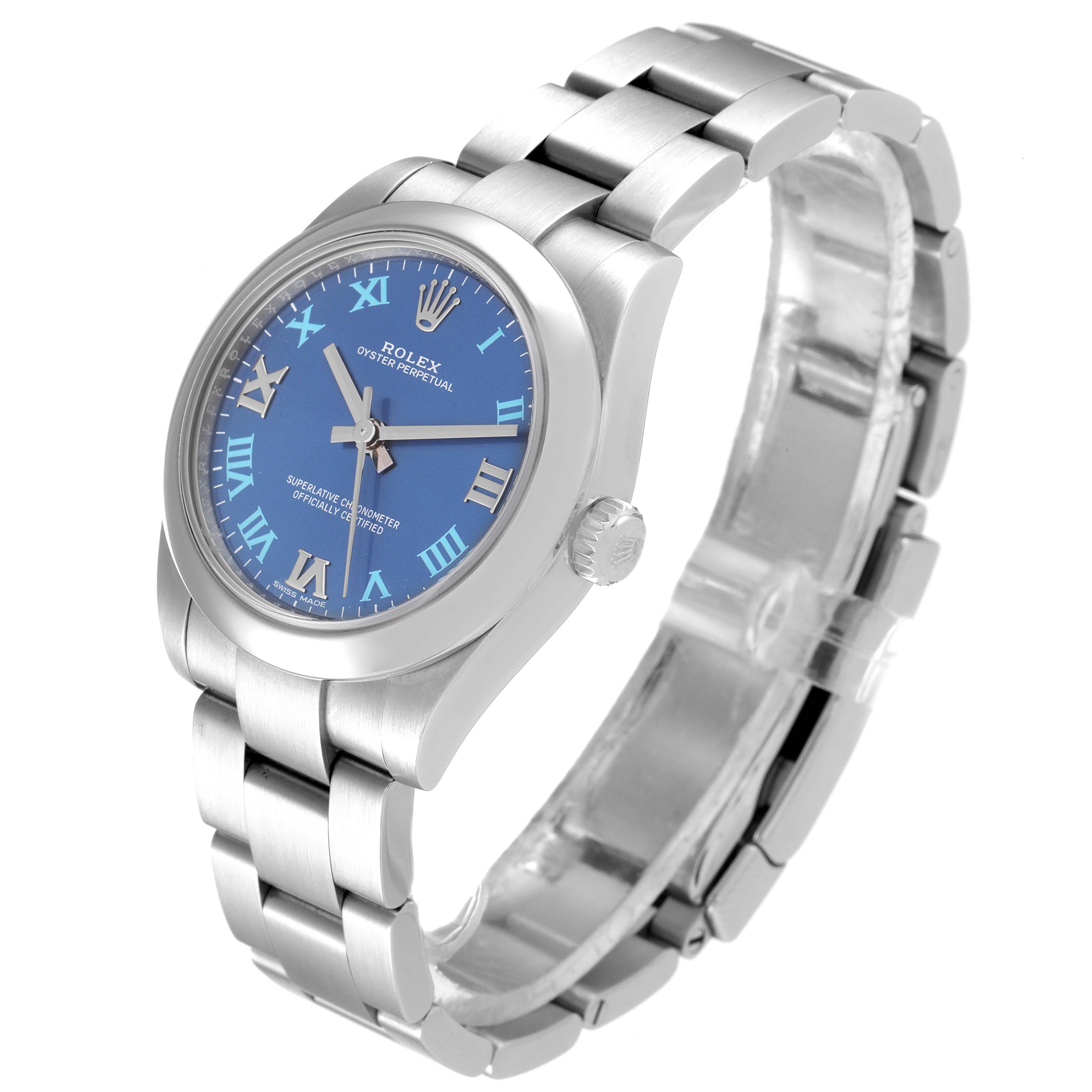 This image shows a Mid-Size Rolex Oyster Perpetual watch from an angled view, highlighting its blue dial, case, and bracelet.