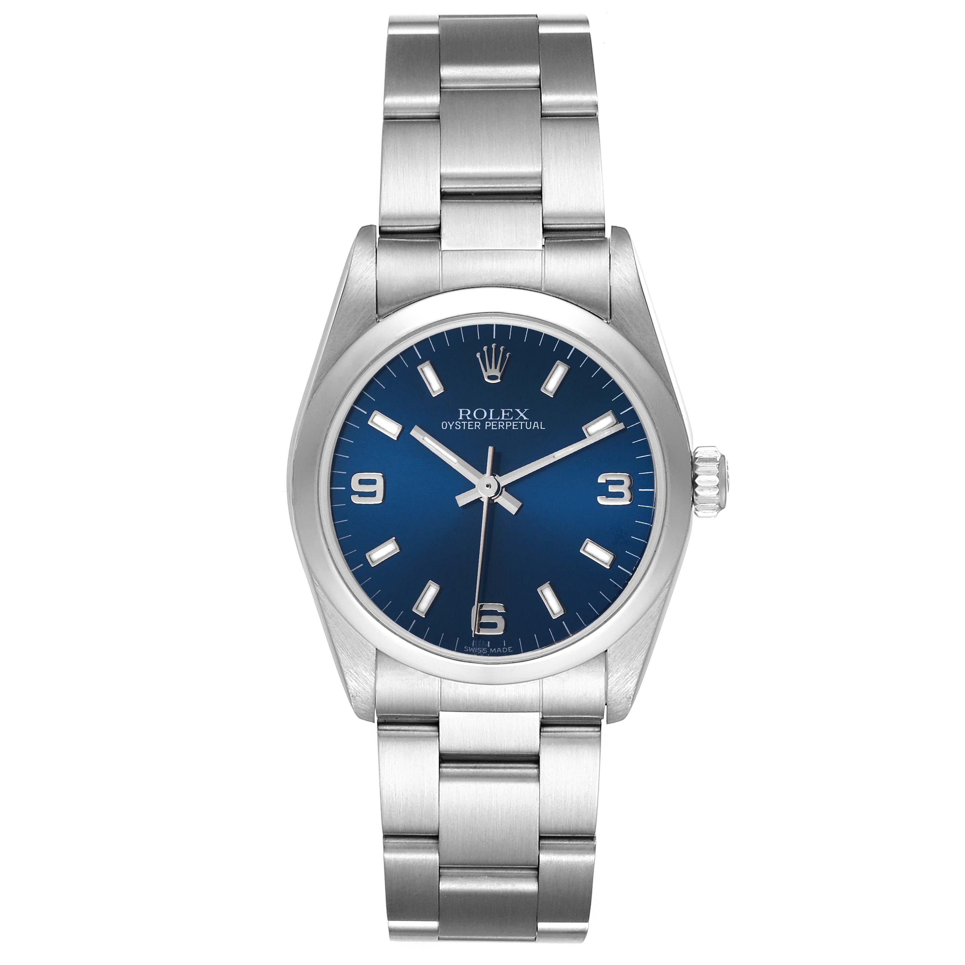This image shows a front view of a Rolex Mid-Size 77080 Women
s Stainless Steel Blue Dial 77080 Women
s Stainless Steel Blue Dial Oyster Perpetual watch featuring a blue dial and stainless steel bracelet.