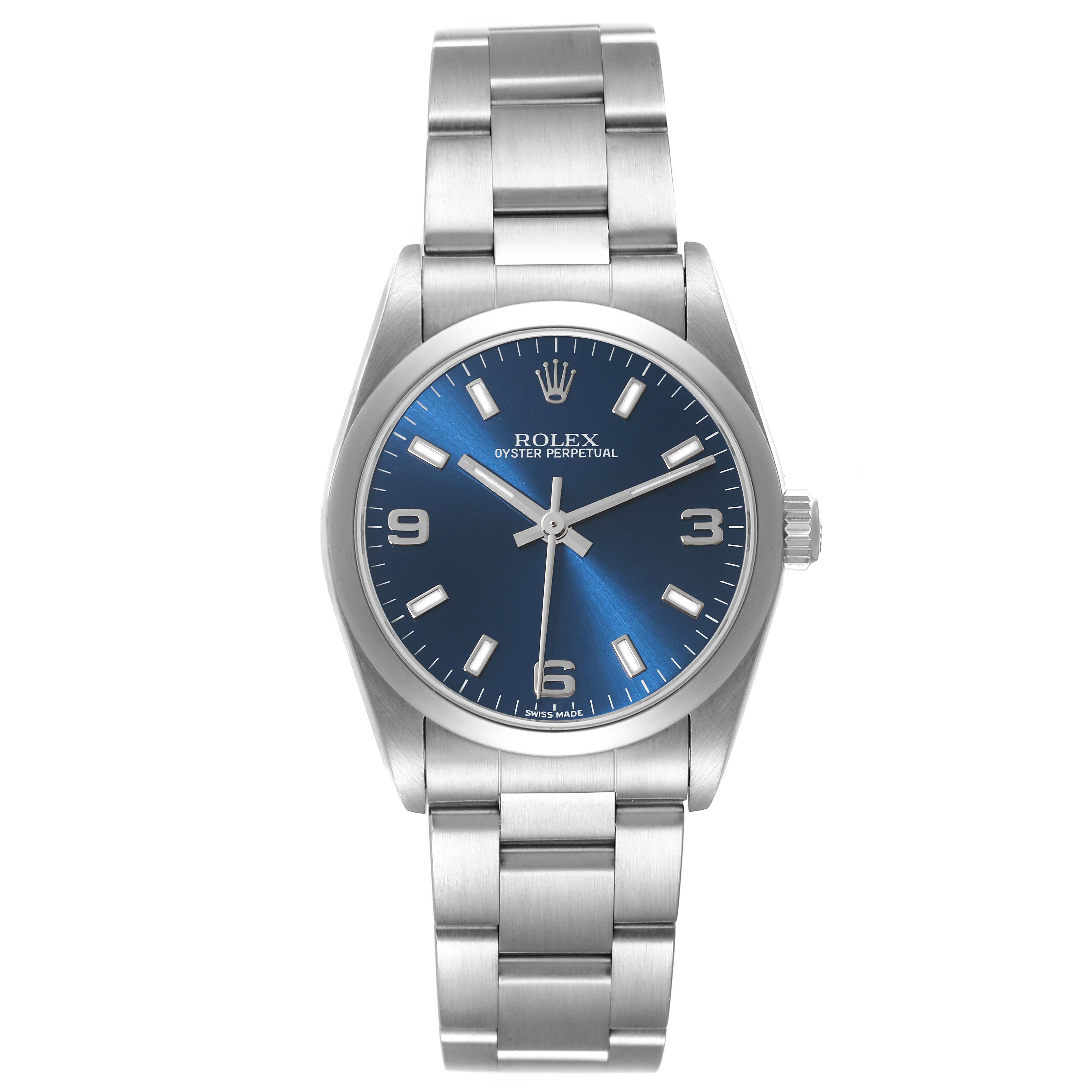 This image shows the front view of a Rolex Mid-Size 77080 Women
s Stainless Steel Blue Dial 77080 Women
s Stainless Steel Blue Dial model, displaying the blue dial and stainless steel bracelet.