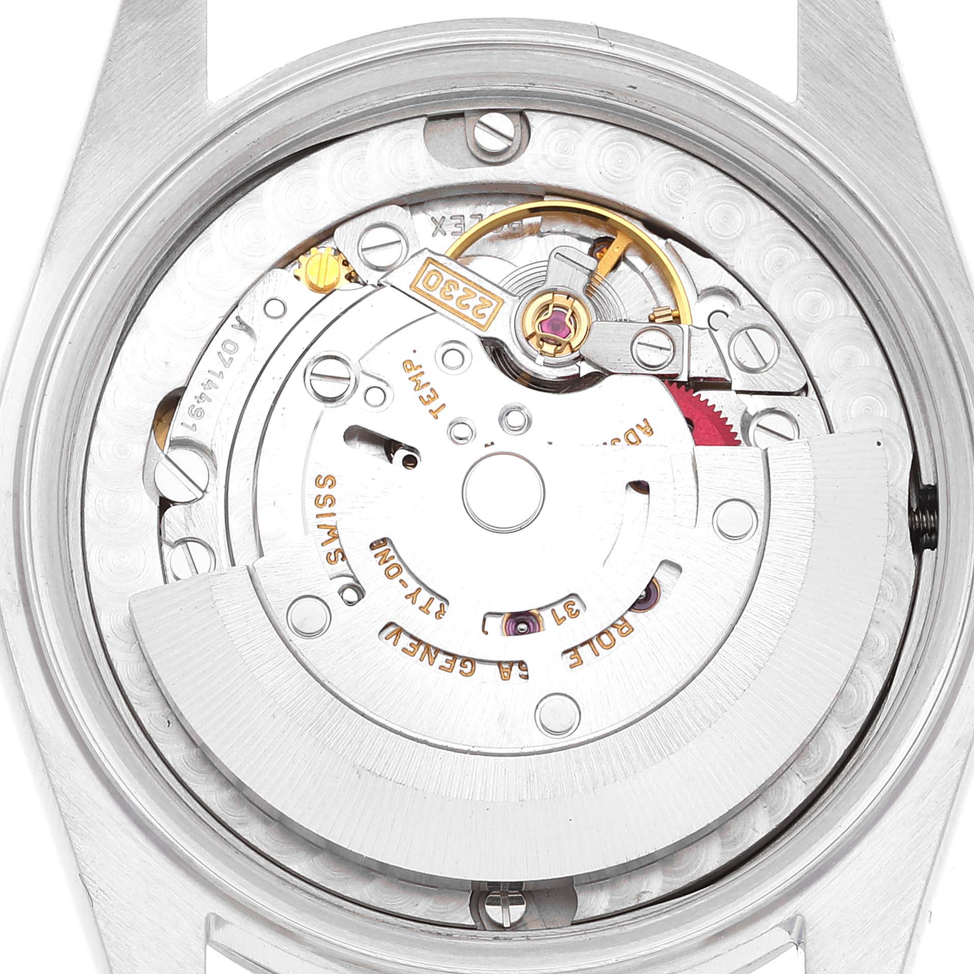 This image shows the internal mechanism of the Rolex Mid-Size 77080 Women
s Stainless Steel Blue Dial 77080 Women
s Stainless Steel Blue Dial model watch from the back.