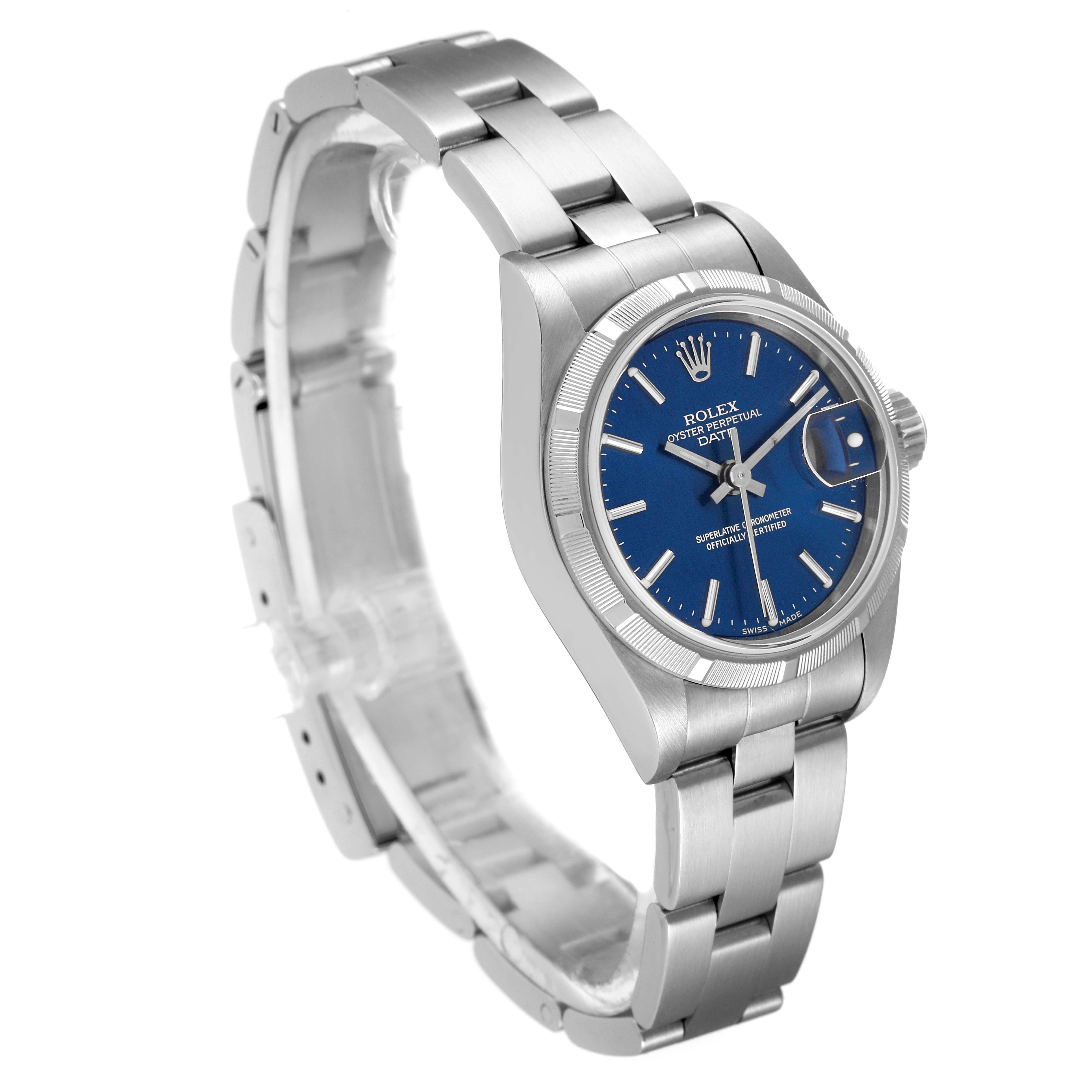 The image shows a Rolex Date 69190 Women's Stainless Steel Blue Dial 69190 Women's Stainless Steel Blue Dial model watch from an angled side view, displaying its blue dial, bezel, and stainless steel bracelet.