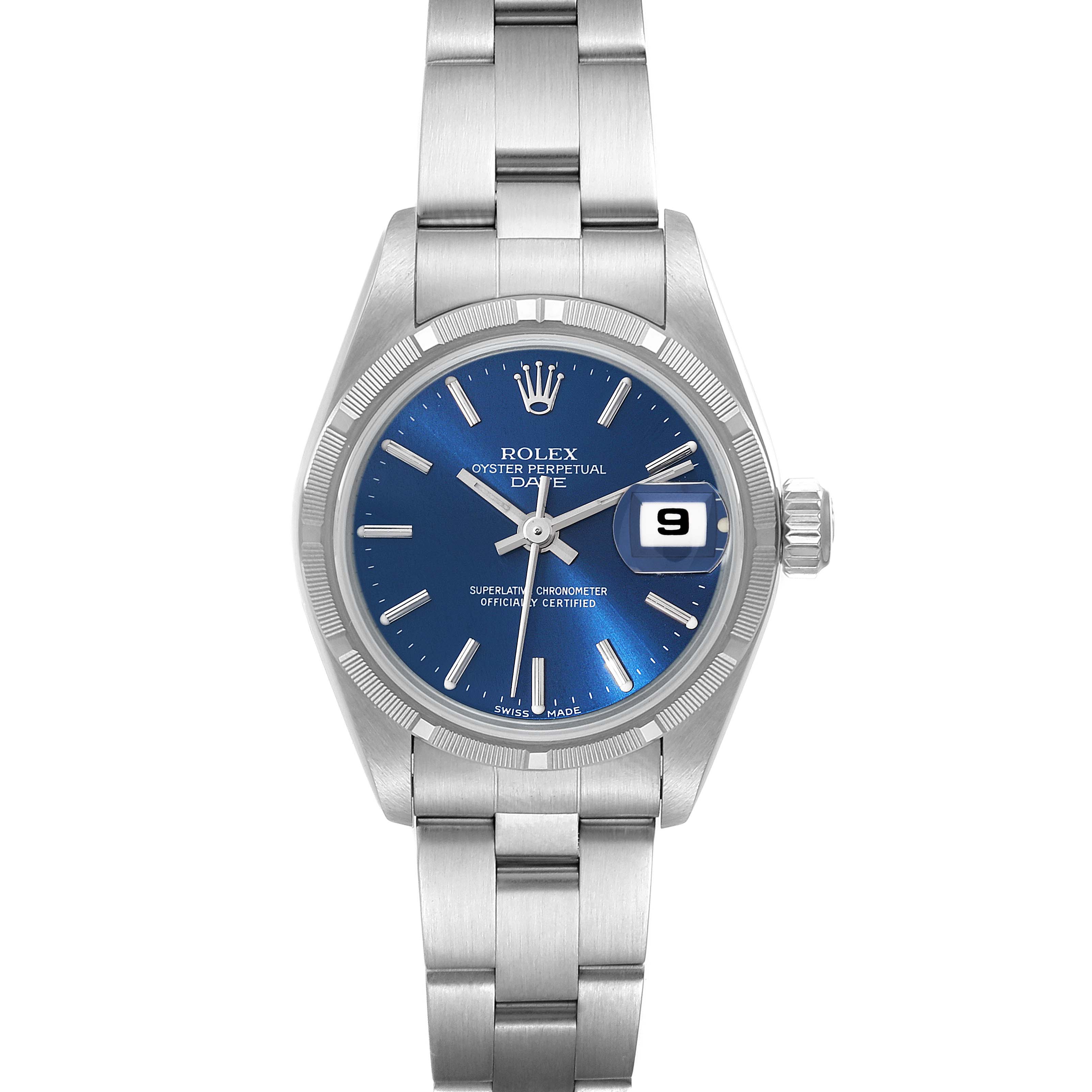 The image shows a Rolex Oyster Perpetual Date watch from a straight-on angle, displaying the face, bezel, and bracelet.