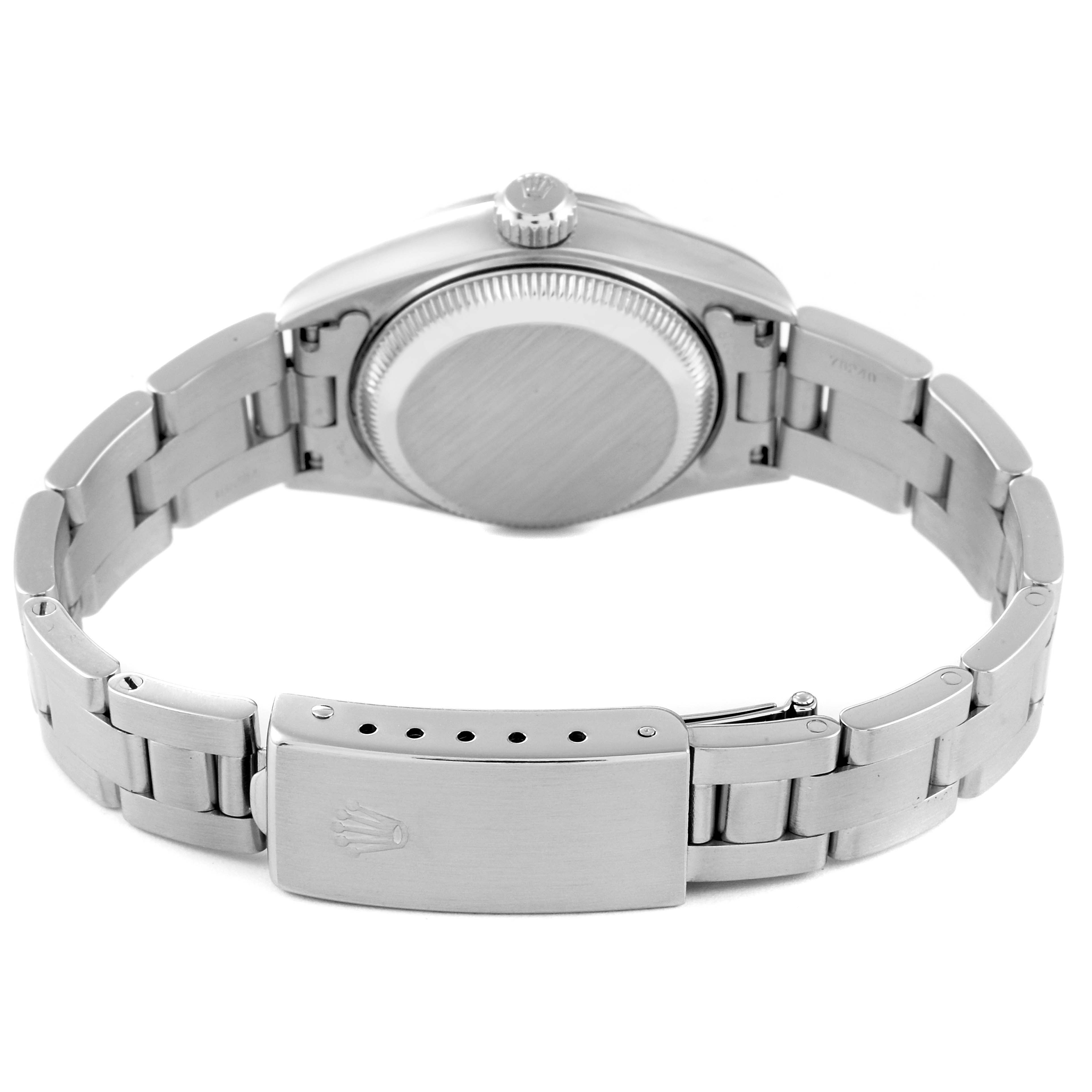 This image shows the back view of a Rolex Date 69190 Women's Stainless Steel Blue Dial 69190 Women's Stainless Steel Blue Dial model watch, highlighting its case back and metal bracelet clasp.