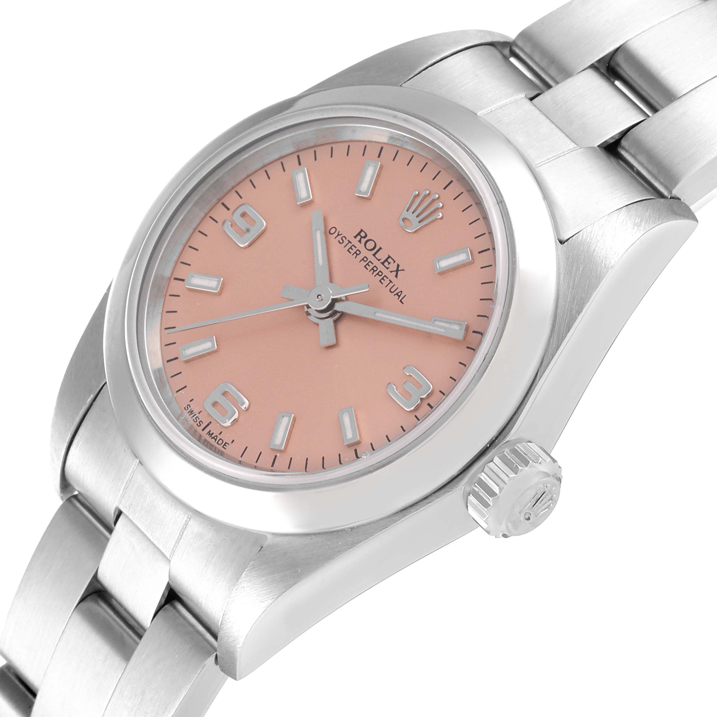 The Rolex Datejust 76080 Women's Stainless Steel Pink Dial 76080 Women's Stainless Steel Pink Dial watch is shown at a three-quarter angle, highlighting the dial, crown, and part of the bracelet.