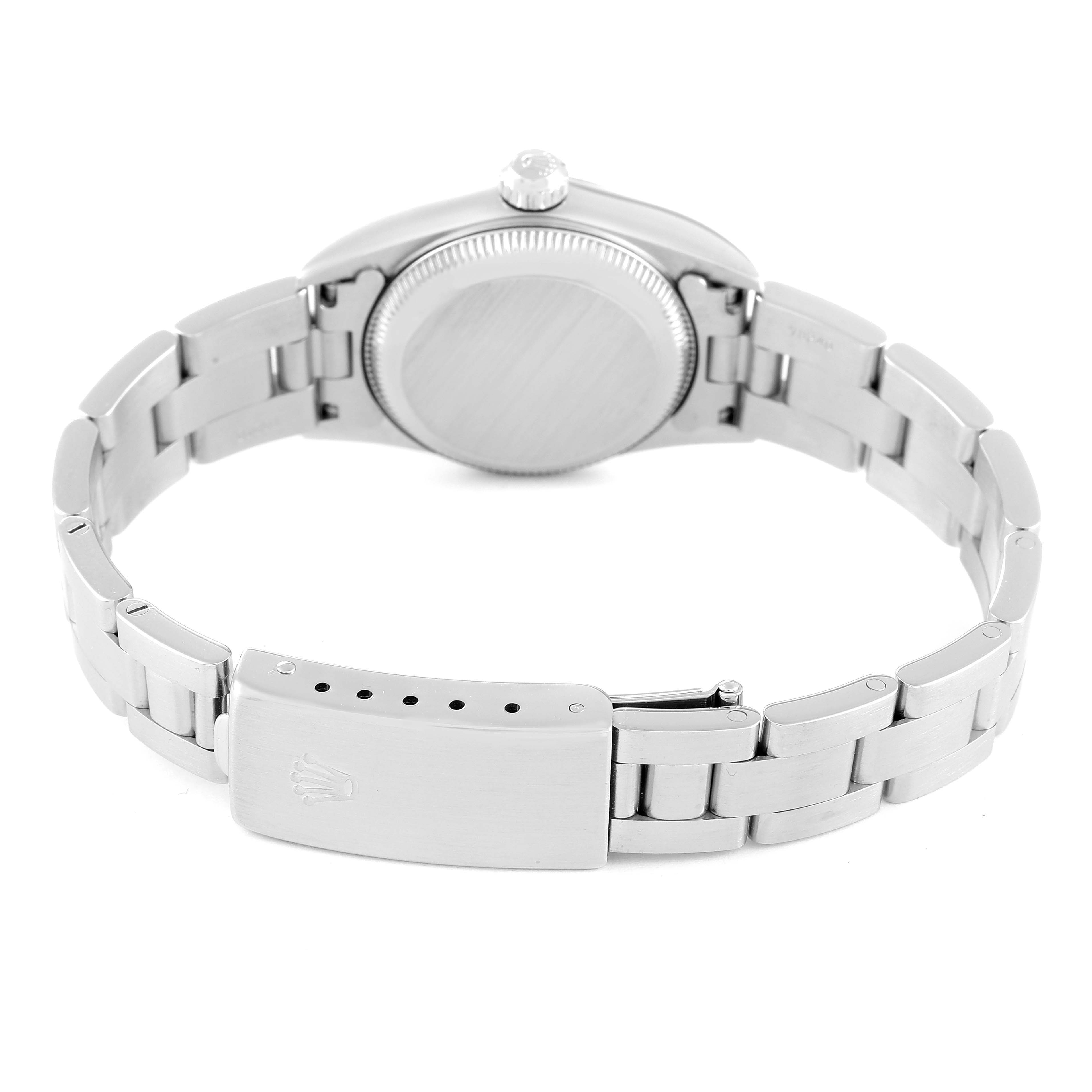 This image shows a rear view of a Rolex Datejust 76080 Women's Stainless Steel Pink Dial 76080 Women's Stainless Steel Pink Dial watch, focusing on the closed clasp, bracelet, and case back.