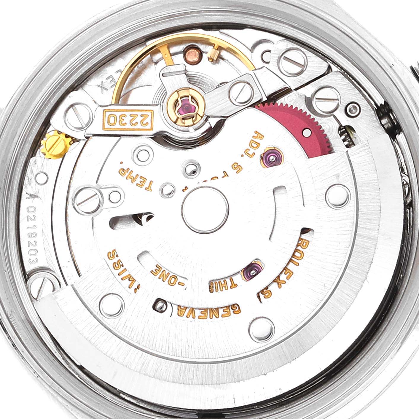 This image shows a close-up view of the internal mechanism of a Rolex Datejust 76080 Women's Stainless Steel Pink Dial 76080 Women's Stainless Steel Pink Dial watch.