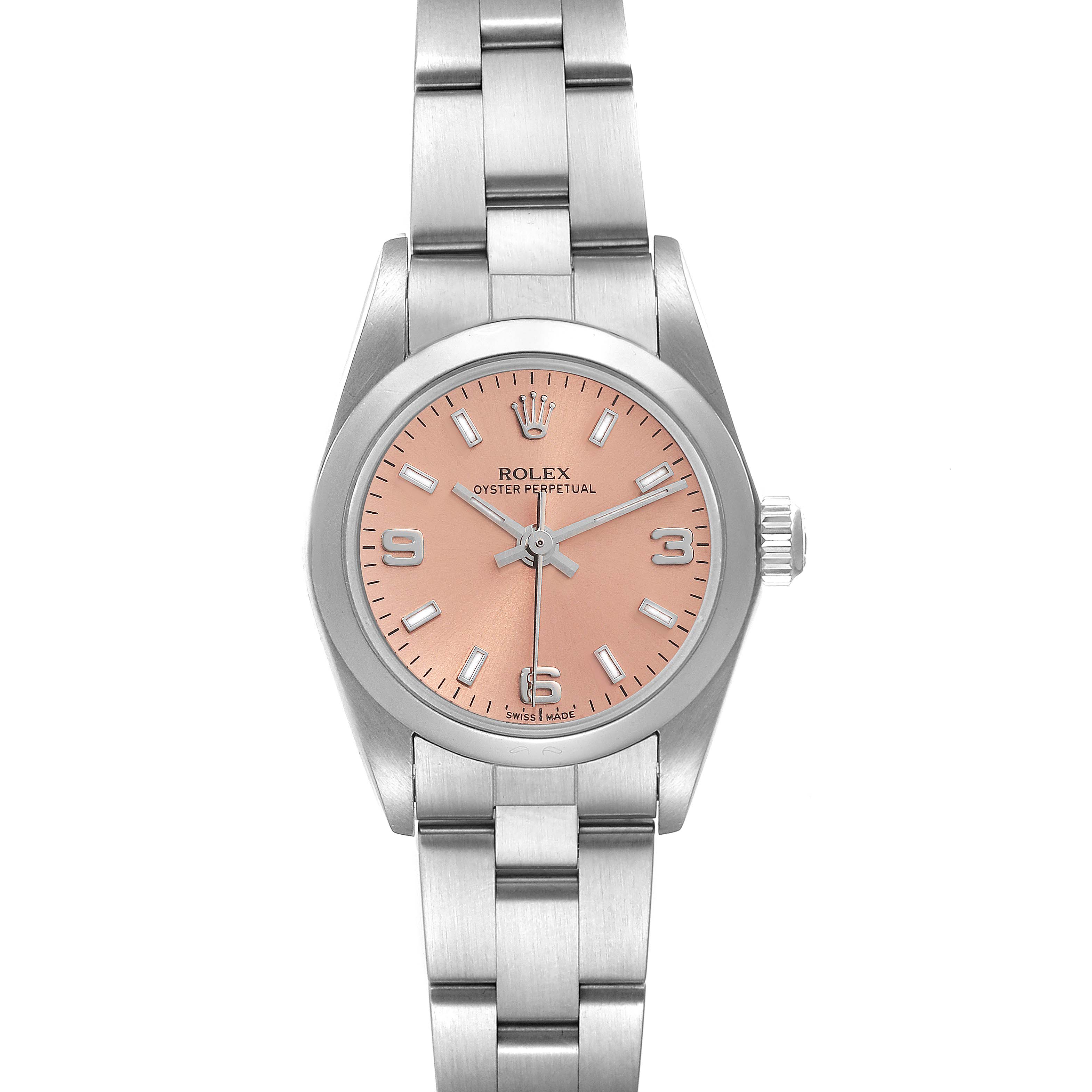 The image shows a Rolex Datejust 76080 Women's Stainless Steel Pink Dial 76080 Women's Stainless Steel Pink Dial watch from a top view, displaying the face, crown, and part of the bracelet.