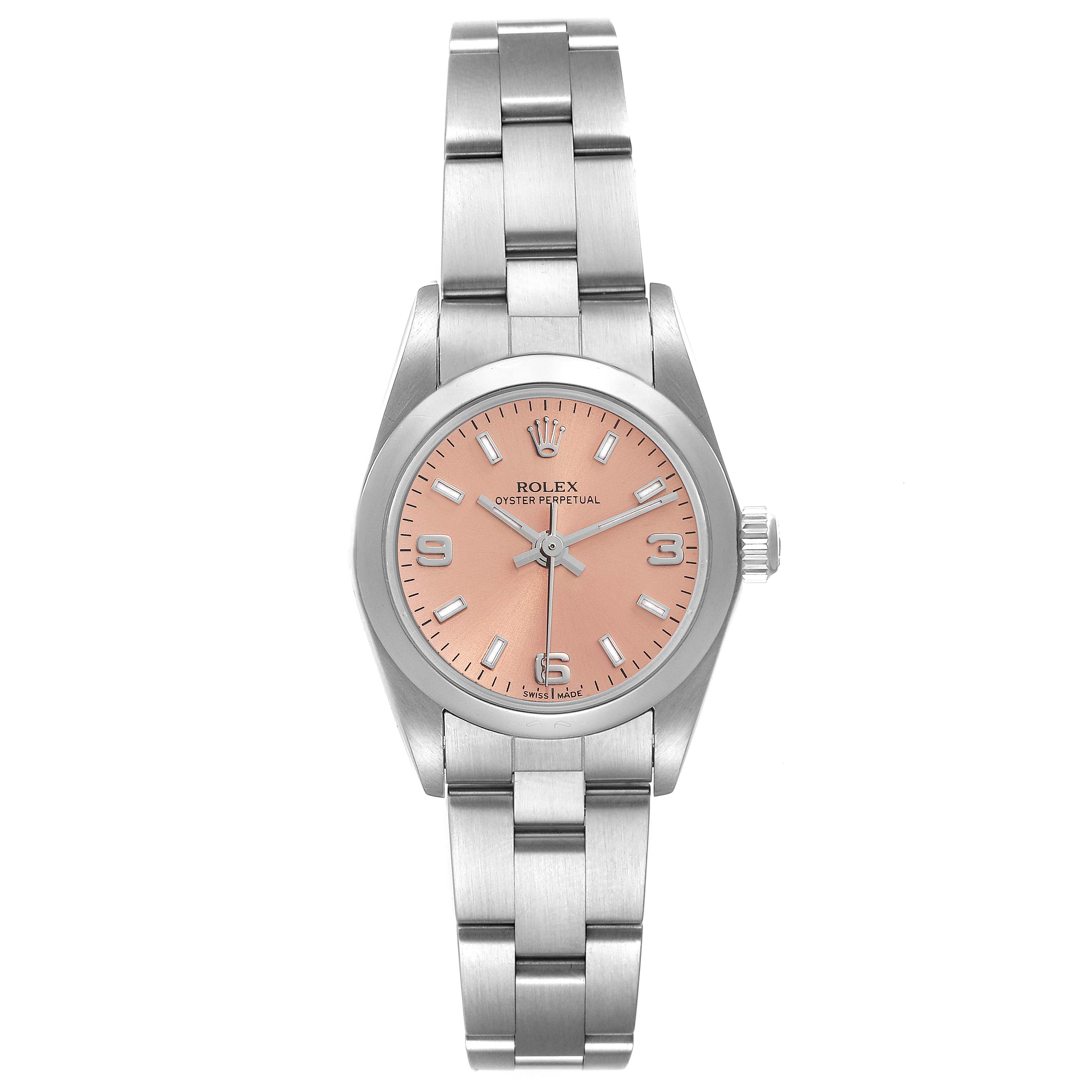 This image shows a front view of a Rolex Datejust 76080 Women's Stainless Steel Pink Dial 76080 Women's Stainless Steel Pink Dial watch with a stainless steel bracelet and a salmon-colored dial.