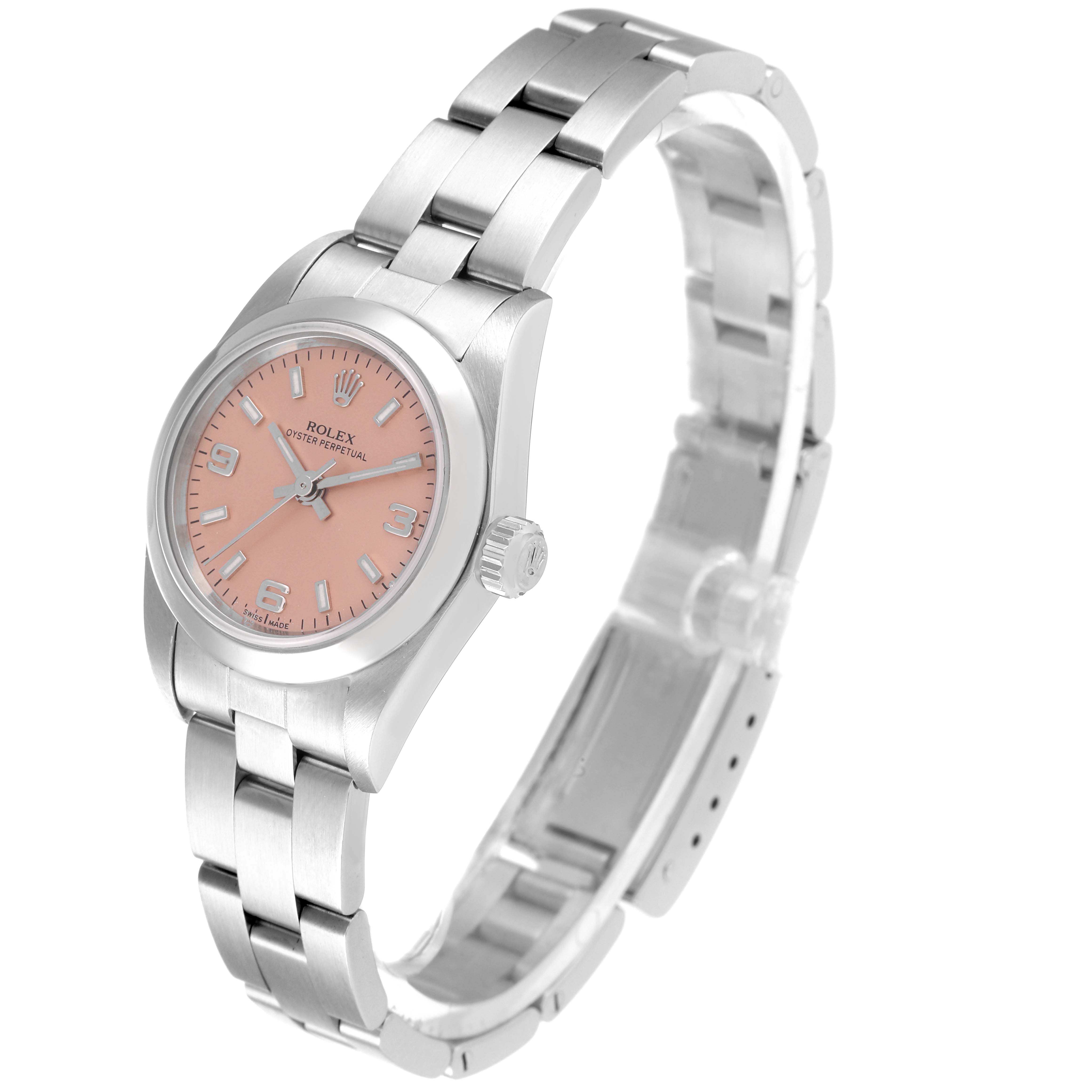 The Rolex Datejust 76080 Women's Stainless Steel Pink Dial 76080 Women's Stainless Steel Pink Dial model watch is shown from an angled view, displaying the face, crown, and part of the bracelet.