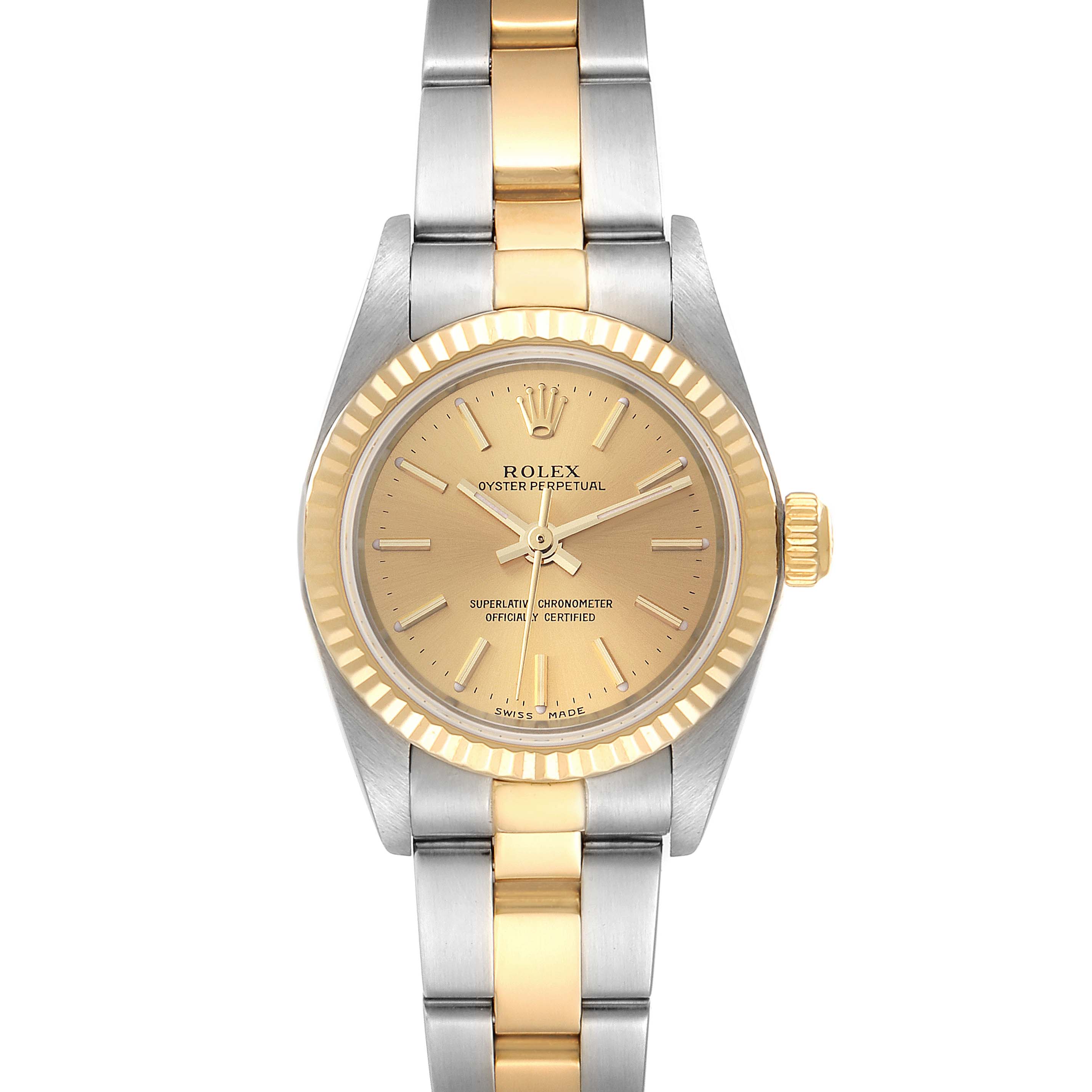 The image shows a front view of a Rolex Oyster Perpetual 76193 Women's Steel and Gold (two tone) Champagne Dial 76193 Women's Steel and Gold (two tone) Champagne Dial model, highlighting its dial, bezel, and two-tone bracelet.