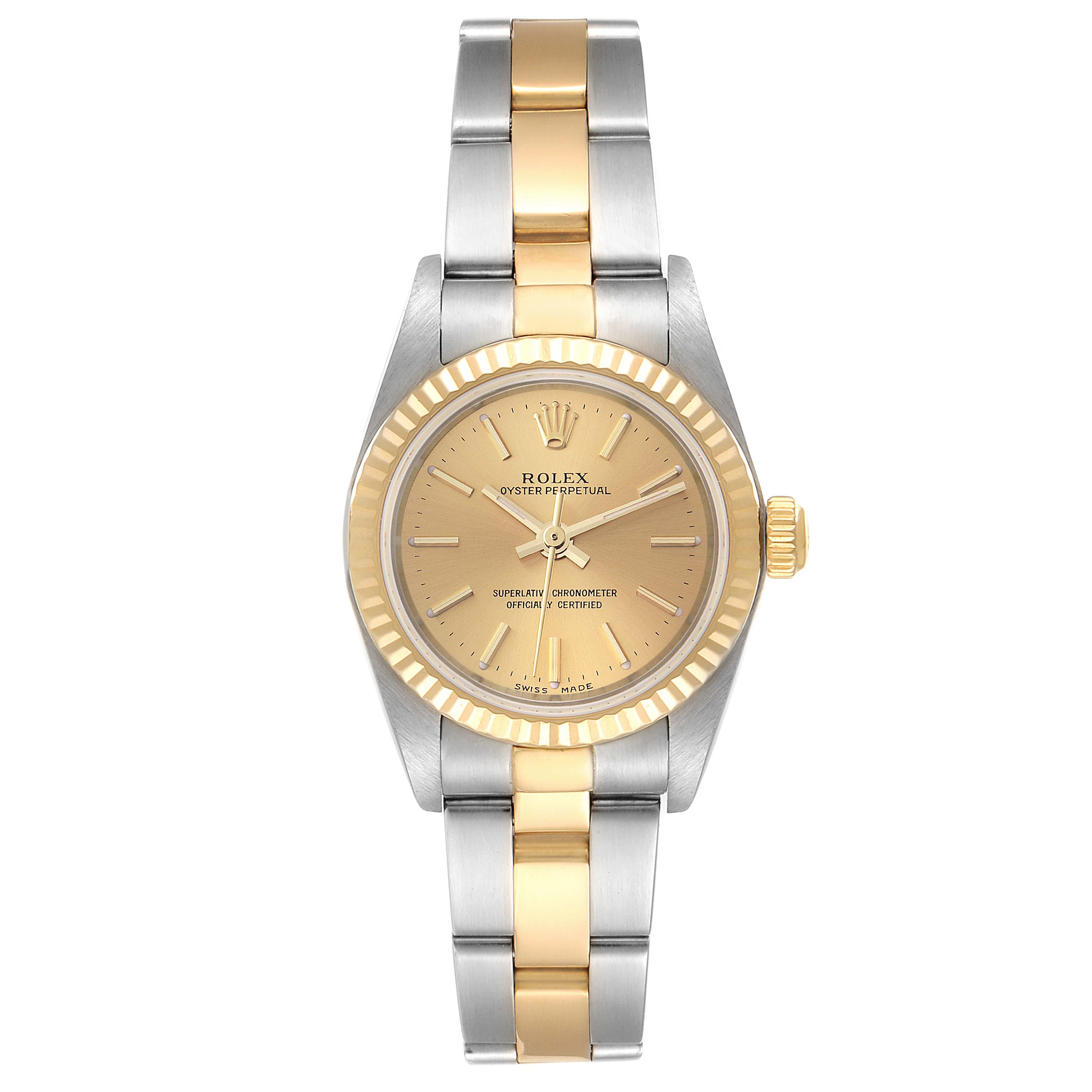 The image shows a Rolex Oyster Perpetual 76193 Women's Steel and Gold (two tone) Champagne Dial 76193 Women's Steel and Gold (two tone) Champagne Dial watch from a top-down angle, highlighting its two-tone bracelet and gold dial.