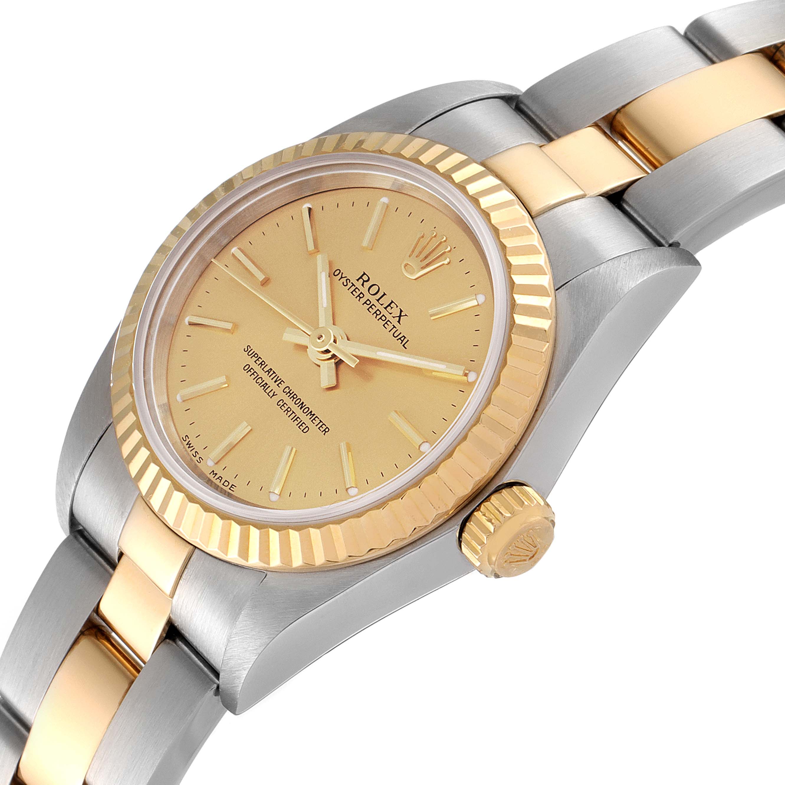 The image shows a Rolex Oyster Perpetual 76193 Women's Steel and Gold (two tone) Champagne Dial 76193 Women's Steel and Gold (two tone) Champagne Dial watch at an angle, highlighting its dial, bezel, crown, and part of the bracelet.