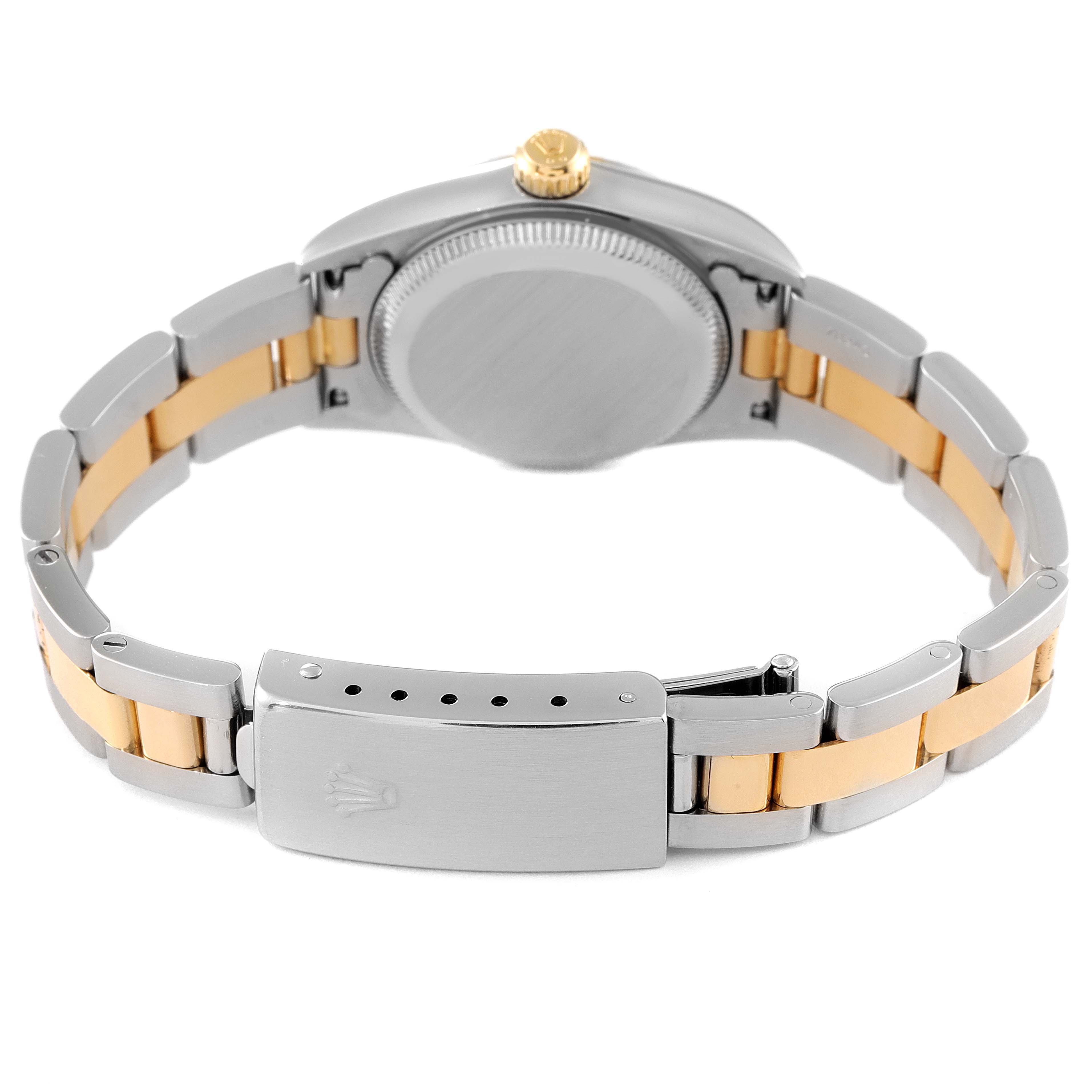 The image shows the back view of the Rolex Oyster Perpetual 76193 Women's Steel and Gold (two tone) Champagne Dial 76193 Women's Steel and Gold (two tone) Champagne Dial watch, highlighting the bracelet, clasp, and case back.