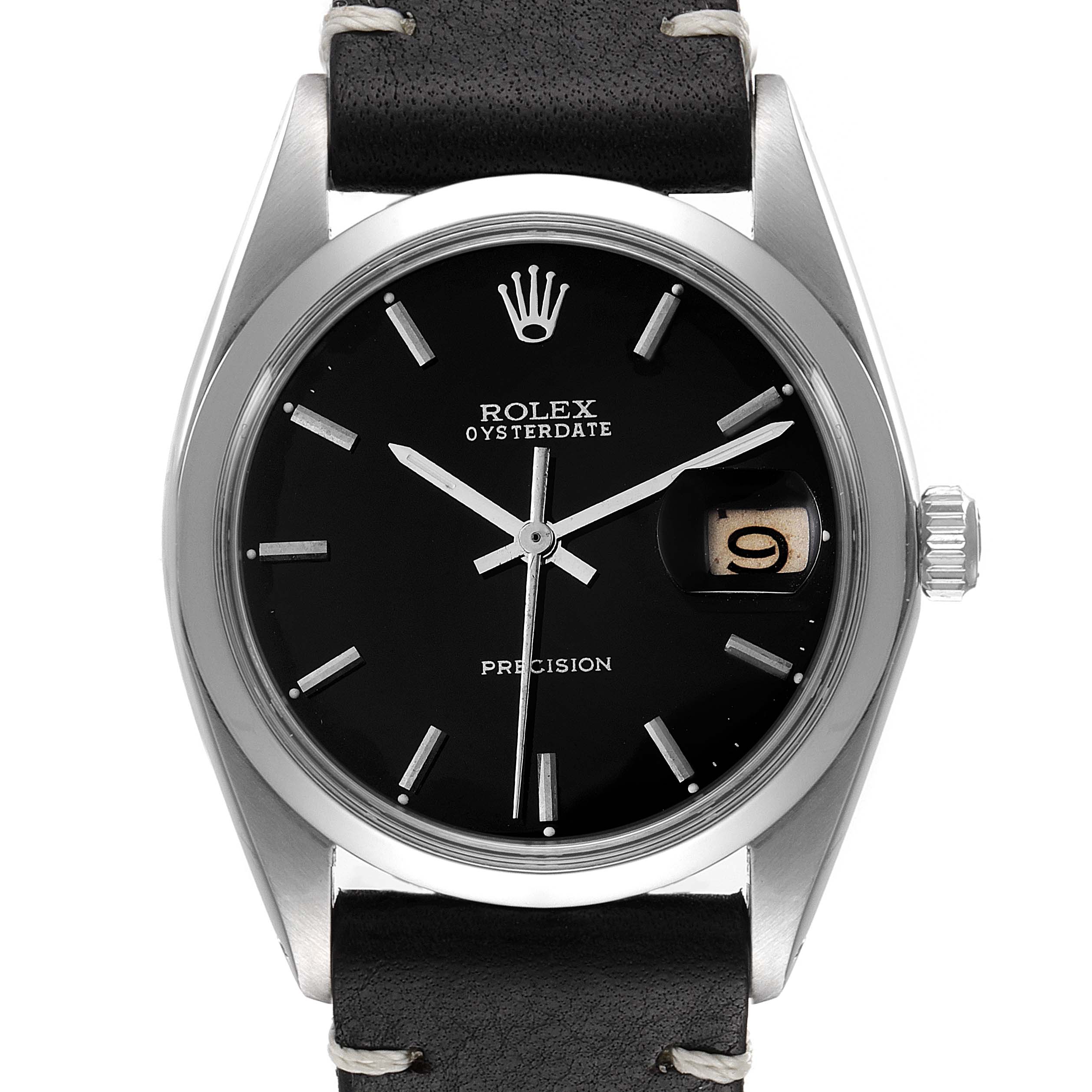 This image shows a front view of the Rolex Vintage Collection 6694 Men's Stainless Steel Black Dial 6694 Men's Stainless Steel Black Dial model, highlighting the dial, hands, crown, and part of the strap.