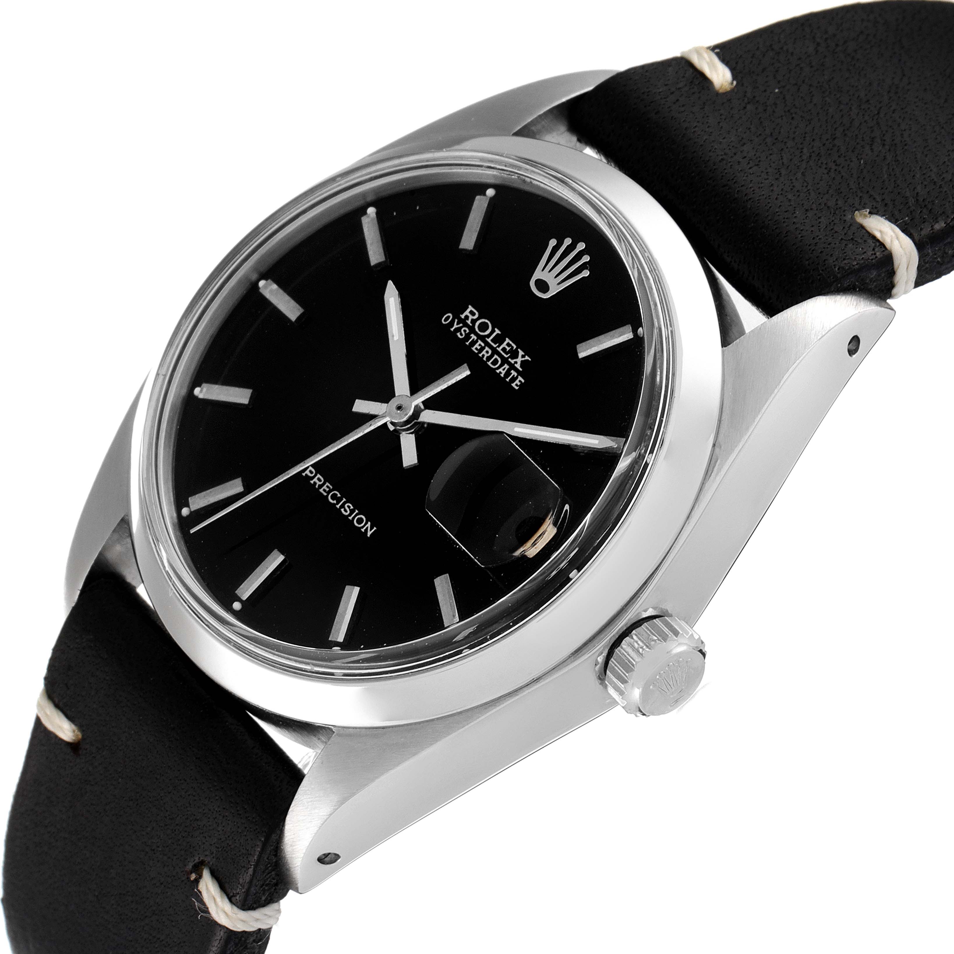 The image shows a Rolex Vintage Collection 6694 Men's Stainless Steel Black Dial 6694 Men's Stainless Steel Black Dial watch at an oblique angle, highlighting its dial, bezel, crown, and leather strap.