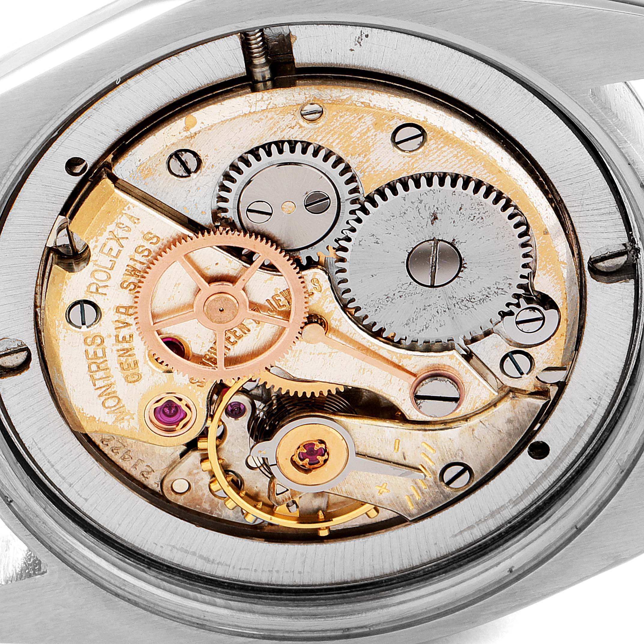This close-up image shows the intricate movement and gears of the Vintage Collection model by Rolex.