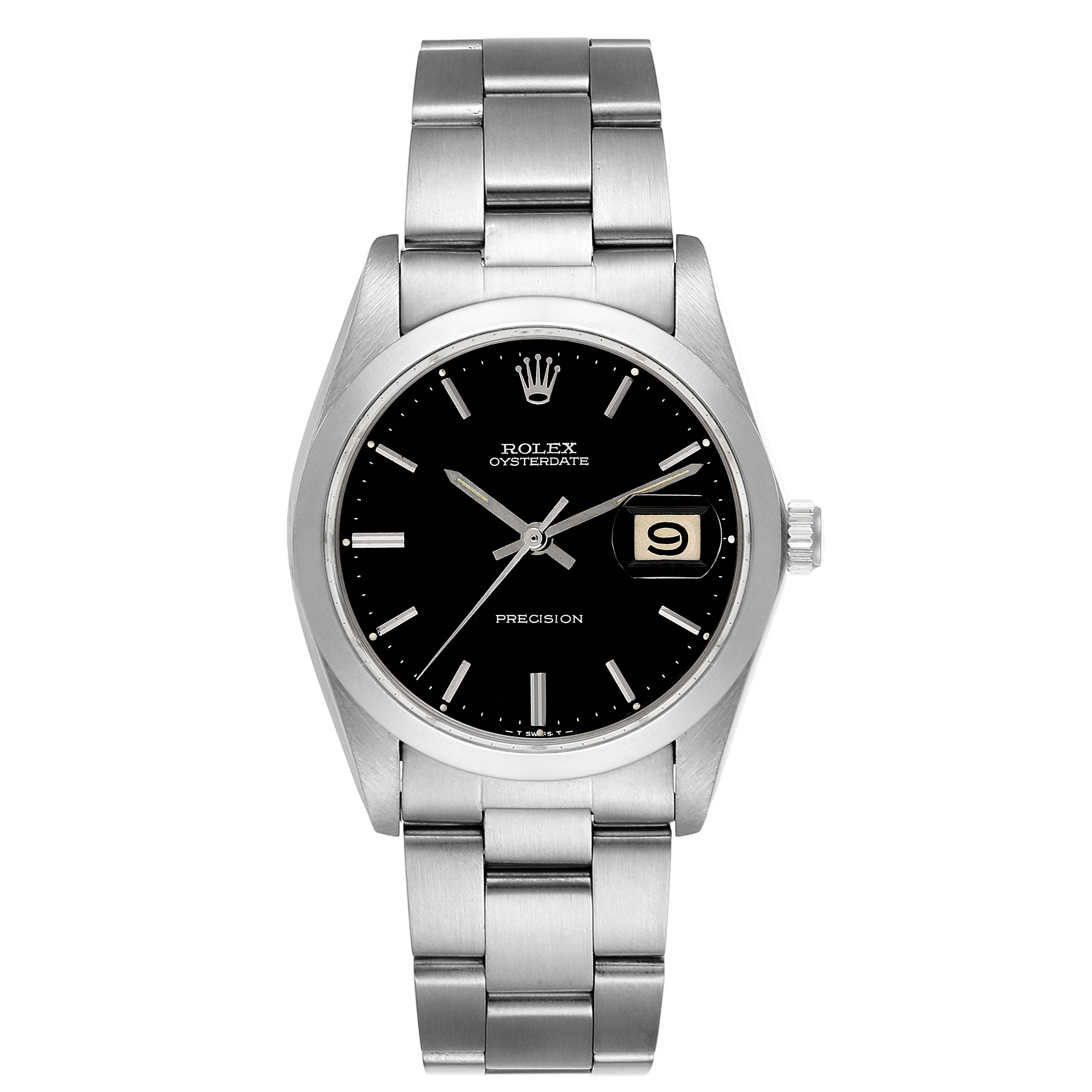 The image shows a front view of the Rolex Vintage Collection 6694 Men's Stainless Steel Black Dial 6694 Men's Stainless Steel Black Dial Oysterdate Precision watch, displaying the face, bracelet, and crown.