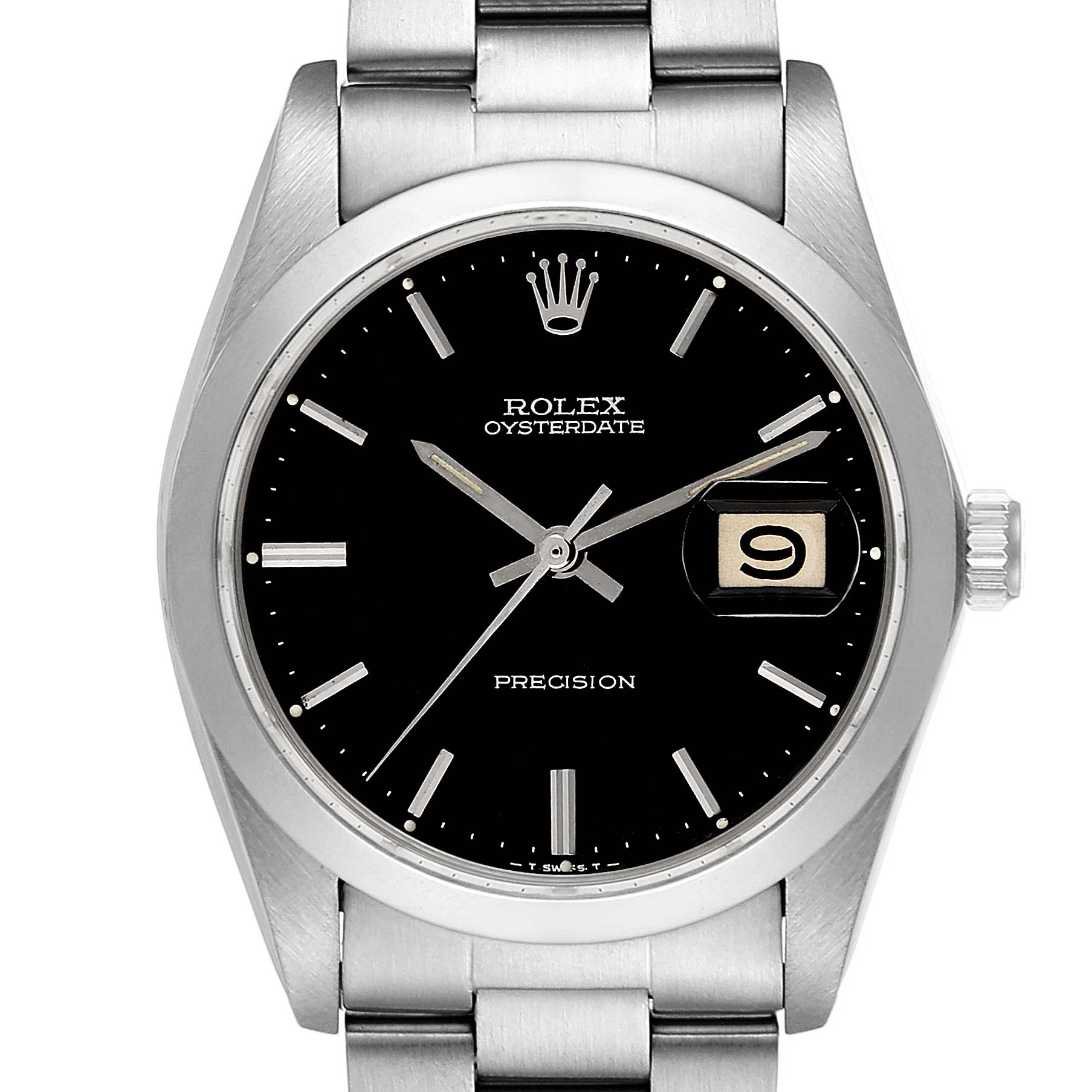 The image shows a Rolex Vintage Collection 6694 Men's Stainless Steel Black Dial 6694 Men's Stainless Steel Black Dial Oysterdate Precision model watch from a front angle, displaying its black dial, date window, and stainless steel bracelet.