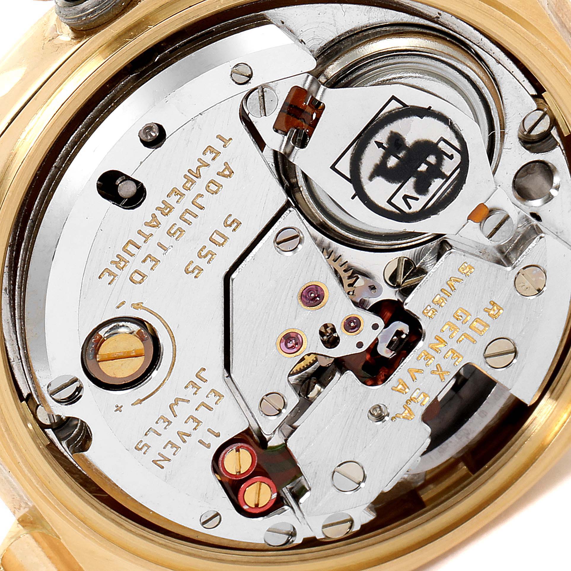 This image shows a close-up view of the inner mechanical parts of a Rolex President 19018 Men
s Yellow Gold Champagne Dial 19018 Men
s Yellow Gold Champagne Dial model watch.