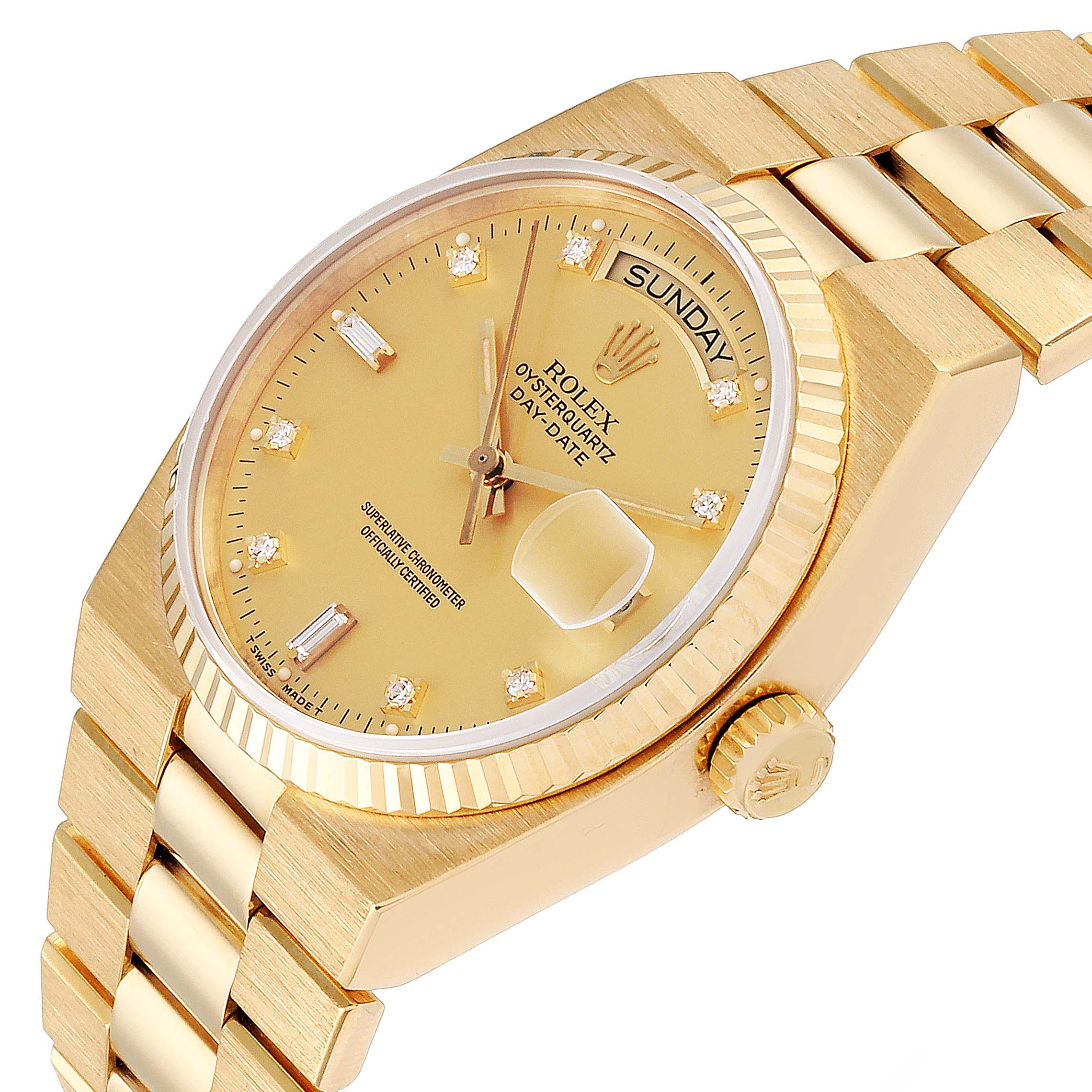 This image shows a Rolex President 19018 Men
s Yellow Gold Champagne Dial 19018 Men
s Yellow Gold Champagne Dial model watch angled from the front and right side, highlighting the dial, bezel, crown, and bracelet.