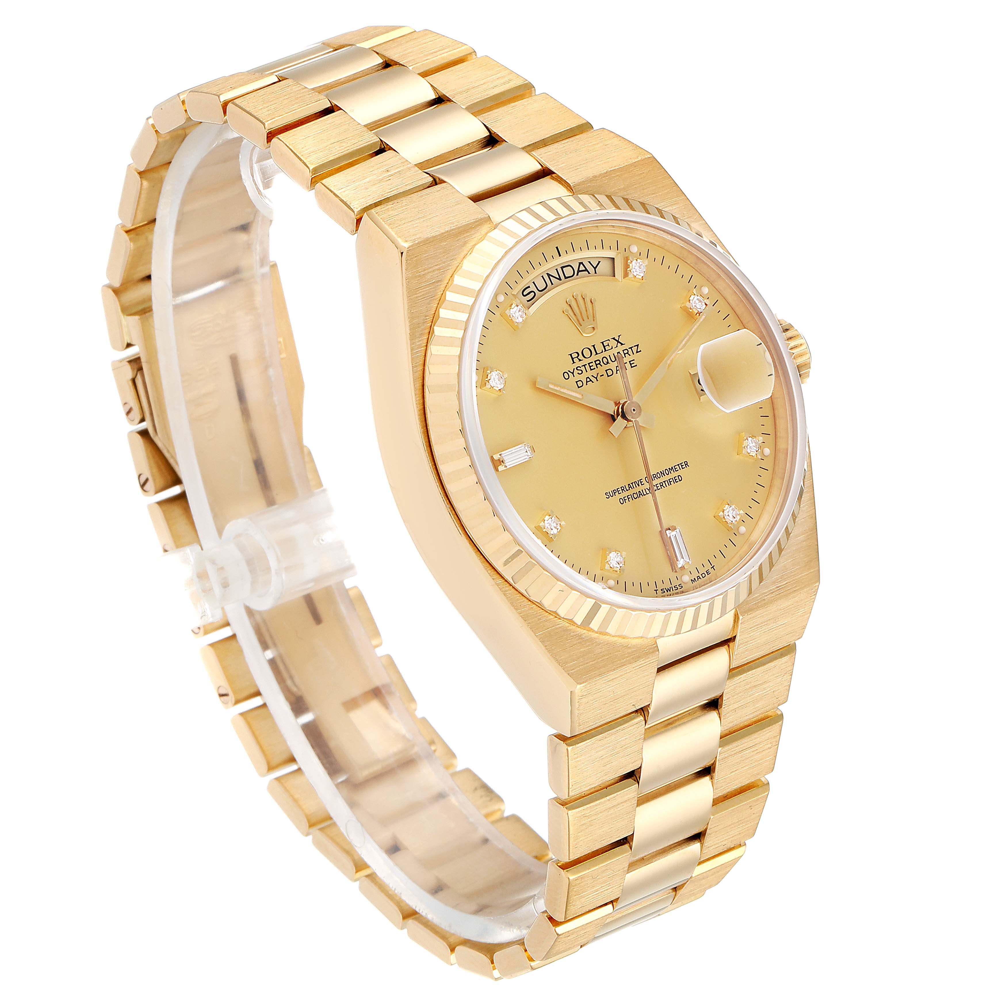 The image shows a Rolex President 19018 Men
s Yellow Gold Champagne Dial 19018 Men
s Yellow Gold Champagne Dial model watch at an angled side view, displaying the bracelet, bezel, crown, and dial.