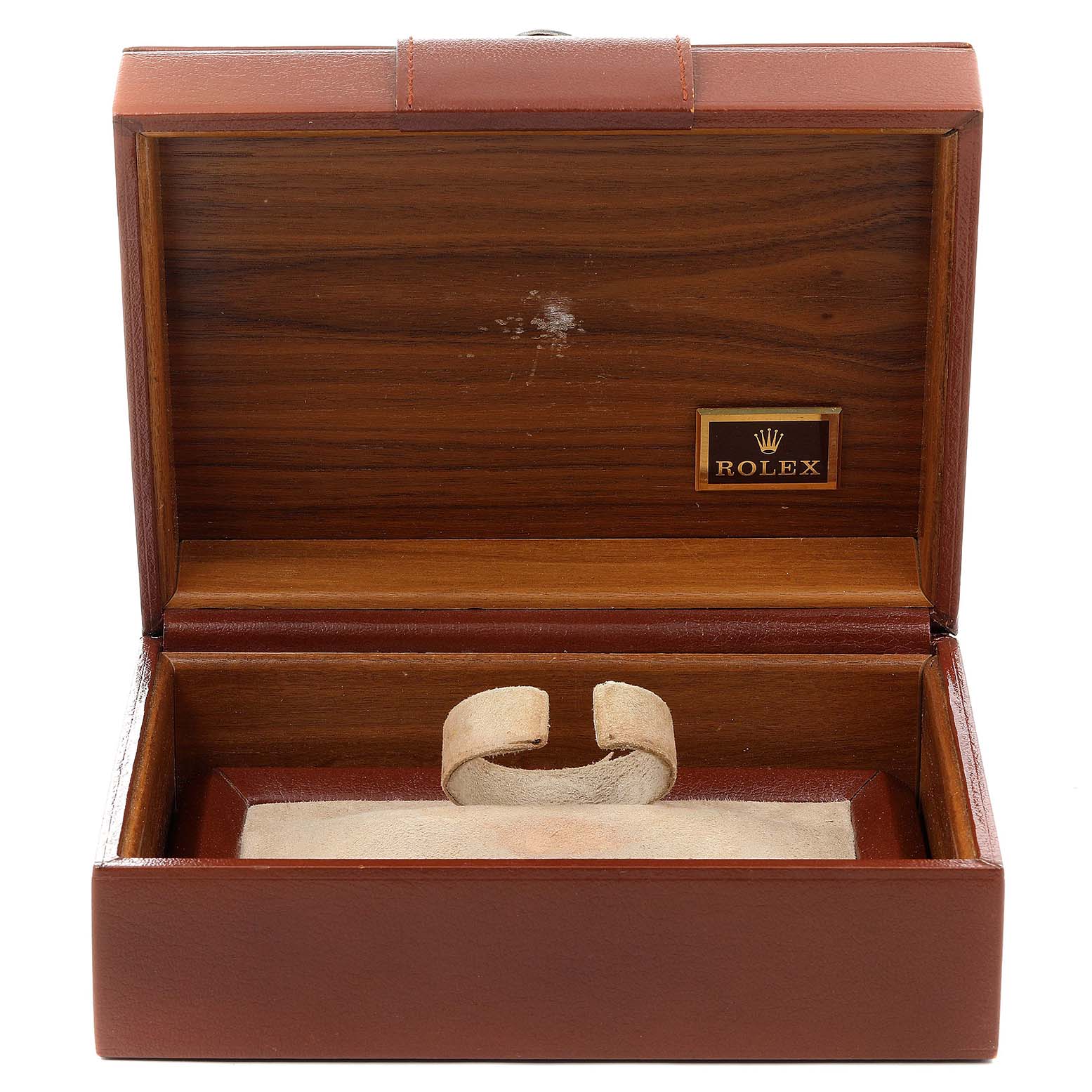 This image shows an empty Rolex watch box for the President model, viewed from the front with the lid open.