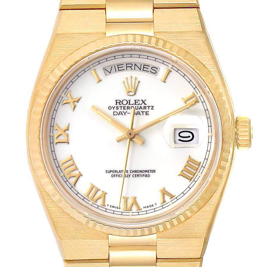 Rolex Oysterquartz President Yellow Gold White Dial Watch 19018 Box SwissWatchExpo