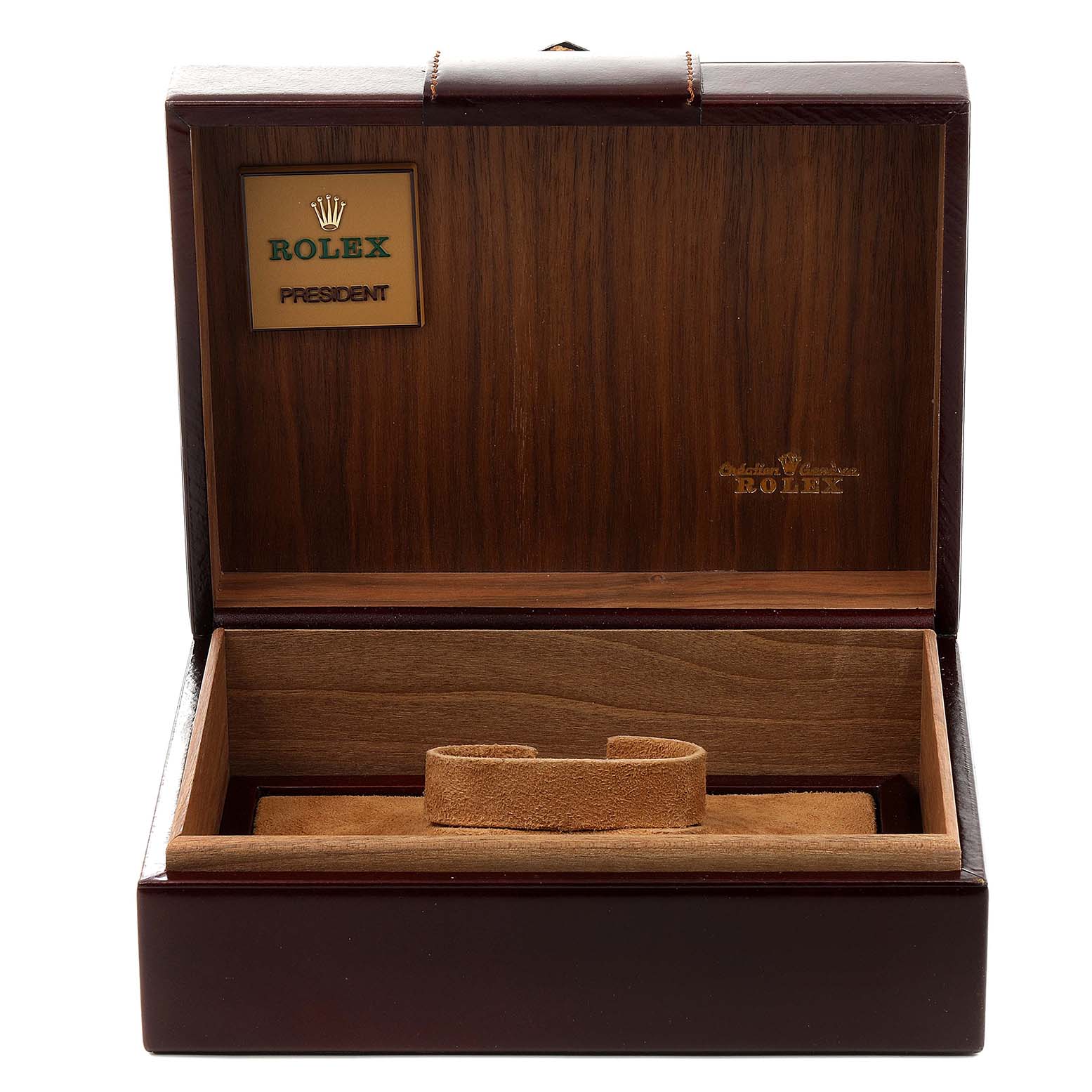 The image shows an open wooden box for the Rolex President 19018 Men's Yellow Gold White Dial 19018 Men's Yellow Gold White Dial model watch, featuring the Rolex logo and text inside.