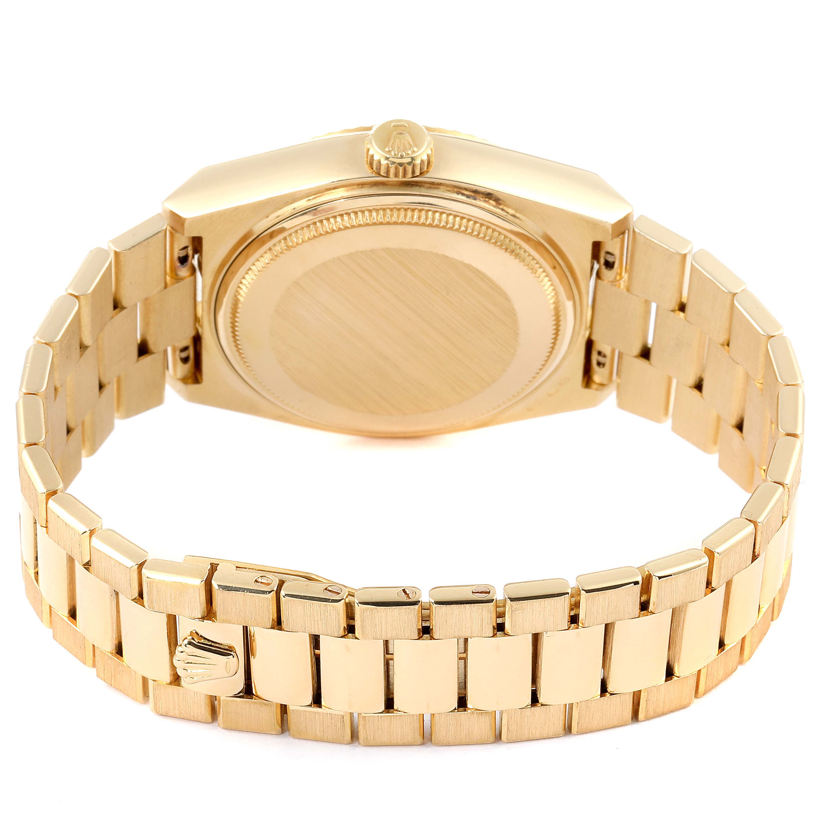 This Rolex President 19018 Men's Yellow Gold White Dial 19018 Men's Yellow Gold White Dial watch is shown from the back, highlighting the case back, crown, and bracelet.