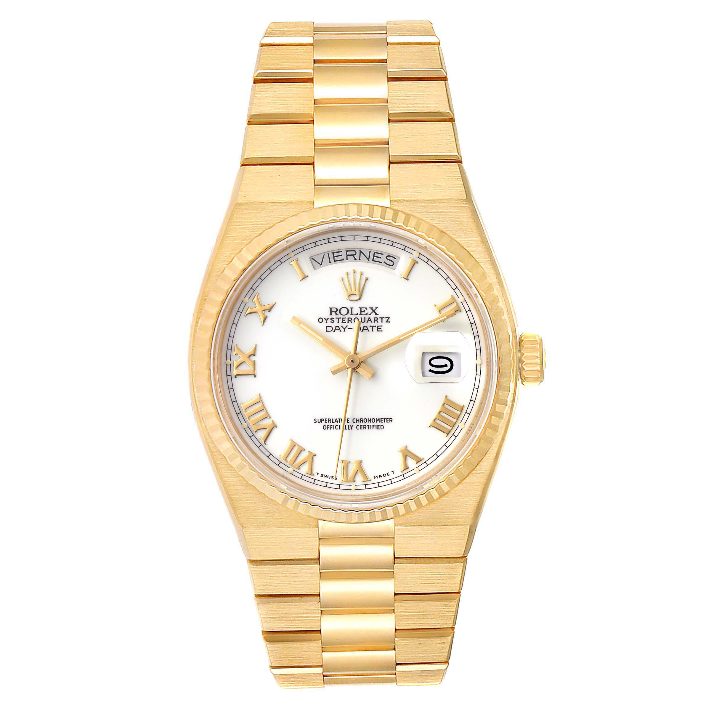 The Rolex President 19018 Men's Yellow Gold White Dial 19018 Men's Yellow Gold White Dial model watch is shown from a front angle, displaying the band, dial, and day-date functions.