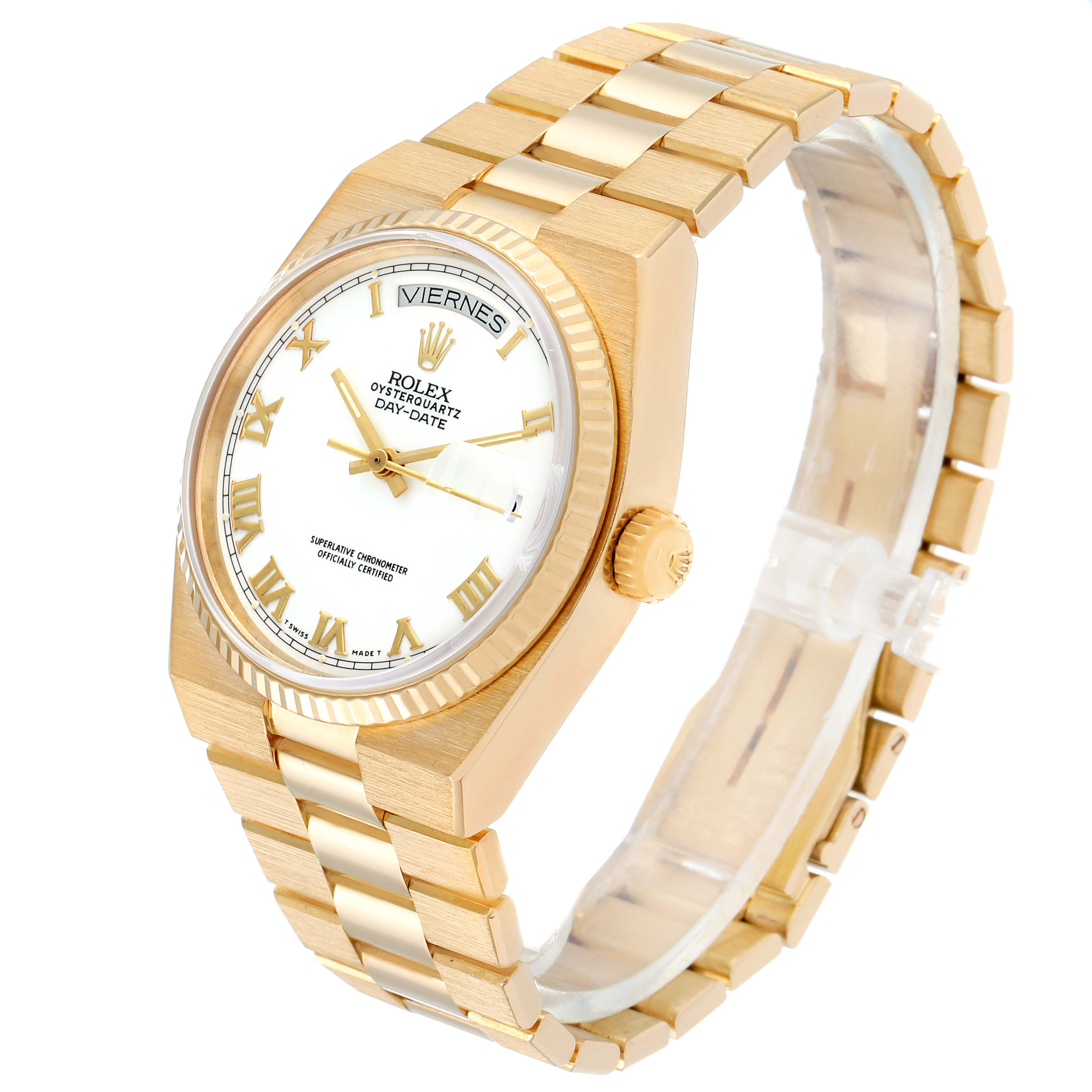 This is a Rolex President 19018 Men's Yellow Gold White Dial 19018 Men's Yellow Gold White Dial model watch, shown at an oblique angle highlighting the face, bezel, and bracelet.