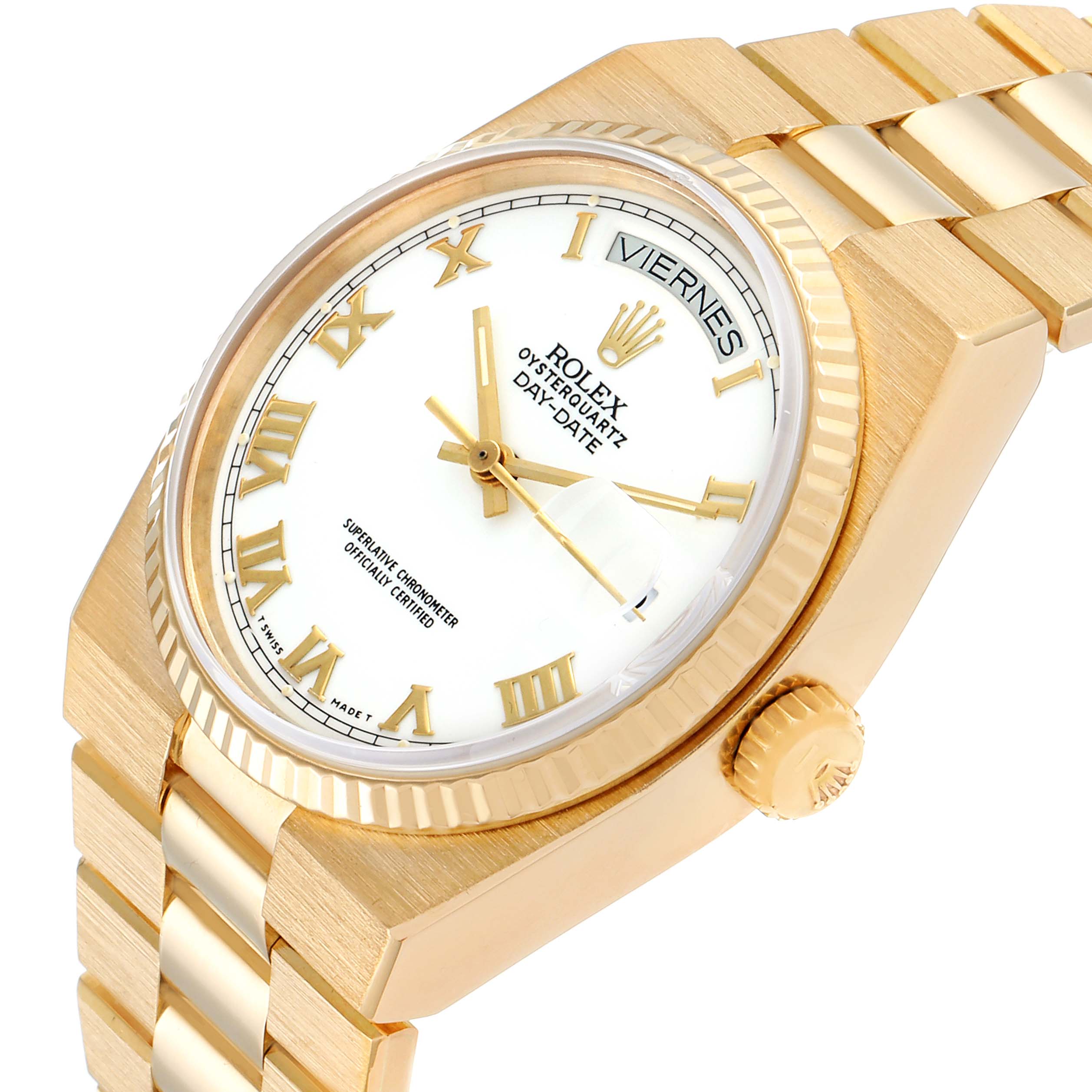 The image shows a close-up angled view of the dial, bezel, crown, and part of the bracelet of a Rolex President 19018 Men's Yellow Gold White Dial 19018 Men's Yellow Gold White Dial model watch.