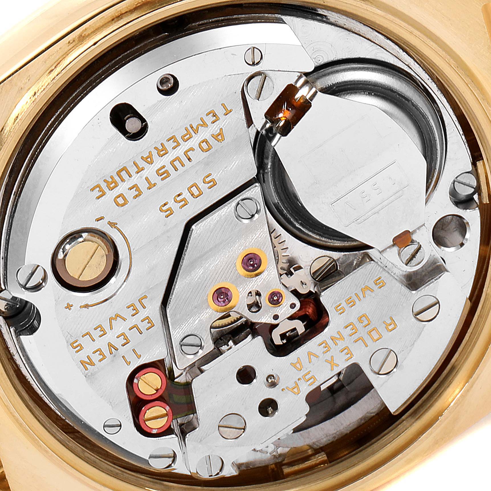 This close-up image shows the intricate internal mechanism of the Rolex President 19018 Men's Yellow Gold White Dial 19018 Men's Yellow Gold White Dial model watch.
