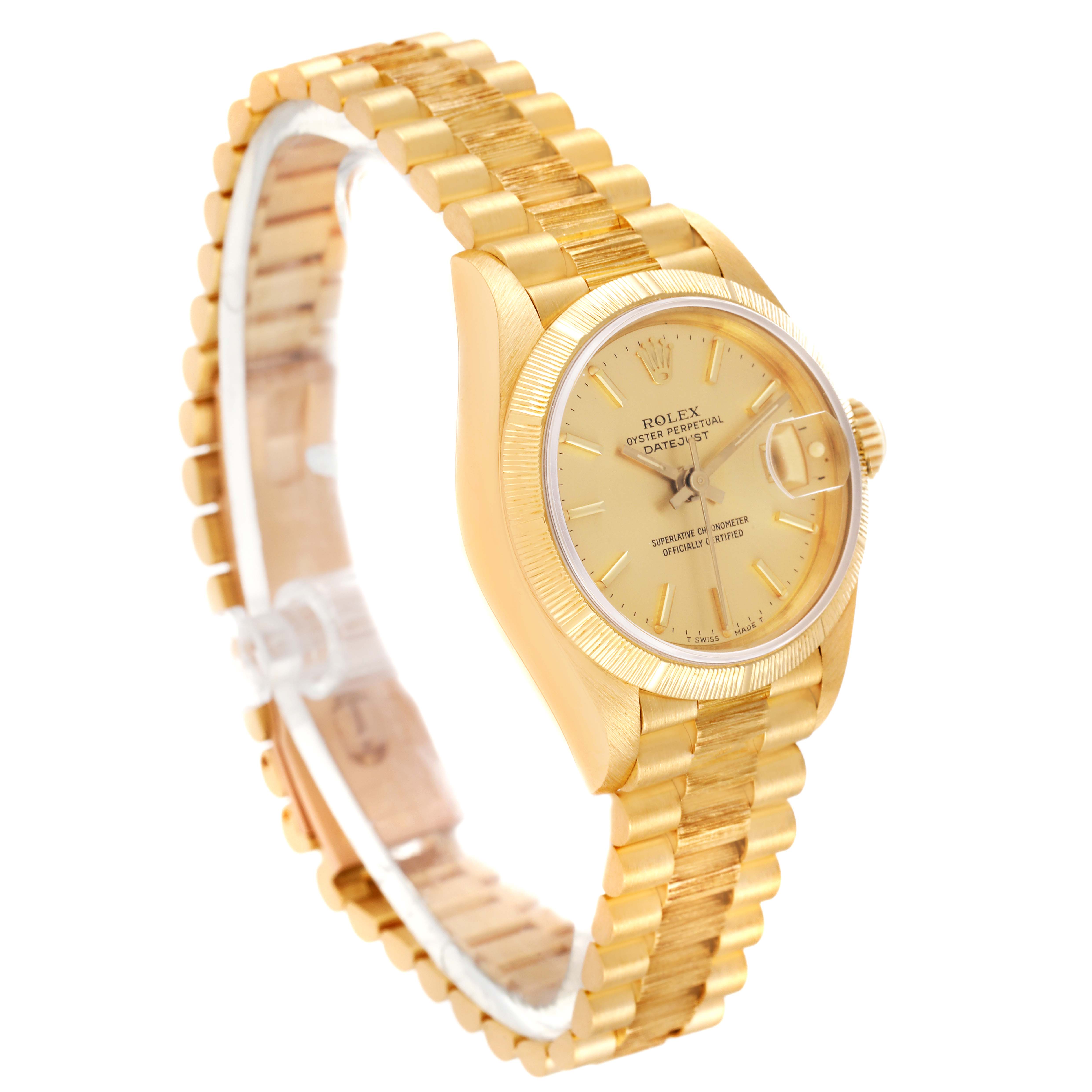 This image shows a side angle view of the Rolex President 69278 Women's Yellow Gold Champagne Dial 69278 Women's Yellow Gold Champagne Dial model watch, highlighting the gold case, bracelet, and face.