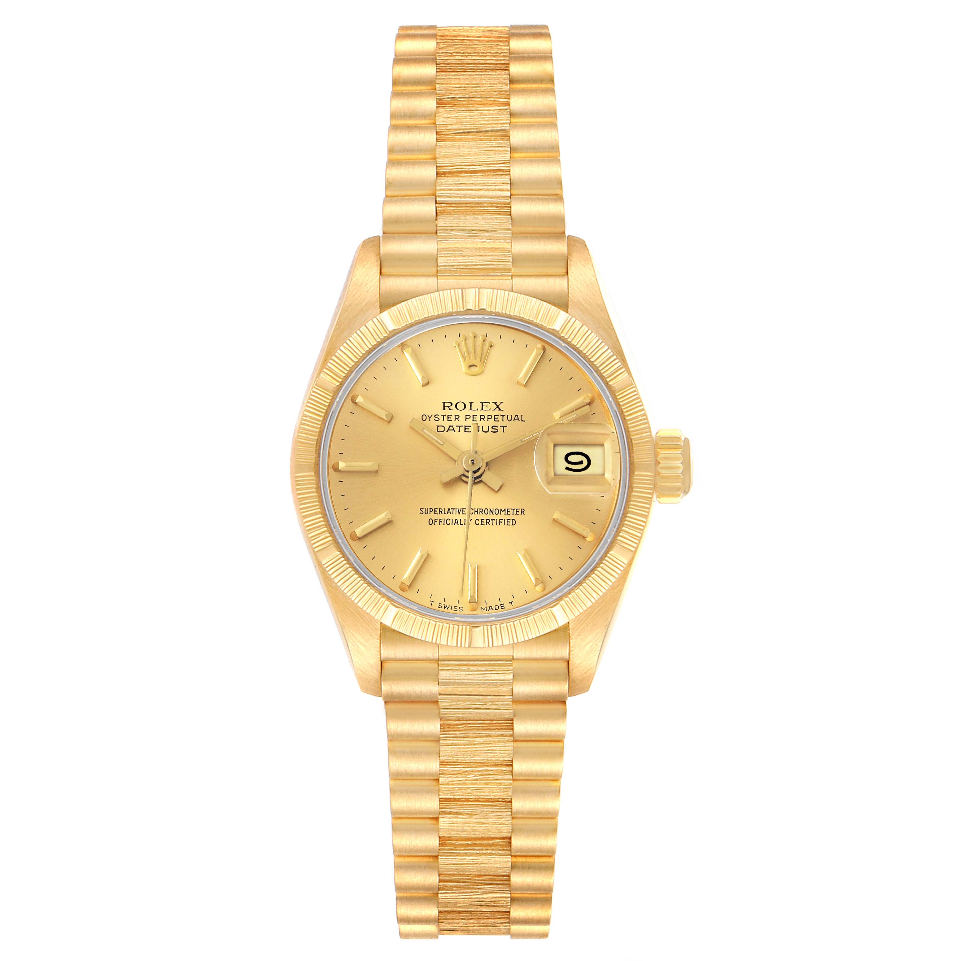 The image shows a Rolex President 69278 Women's Yellow Gold Champagne Dial 69278 Women's Yellow Gold Champagne Dial model watch from a front angle, displaying the dial, bezel, bracelet, and date function.