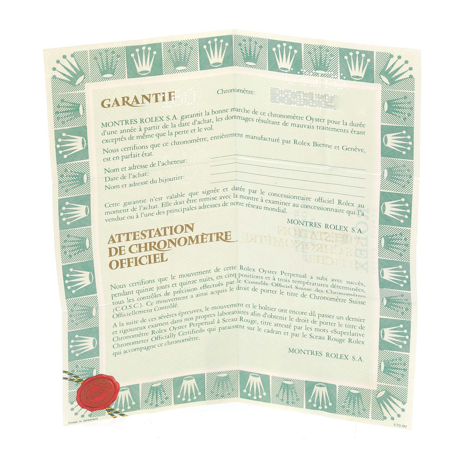 This image shows the warranty and certification paperwork for the Rolex President 69278 Women's Yellow Gold Champagne Dial 69278 Women's Yellow Gold Champagne Dial model watch.