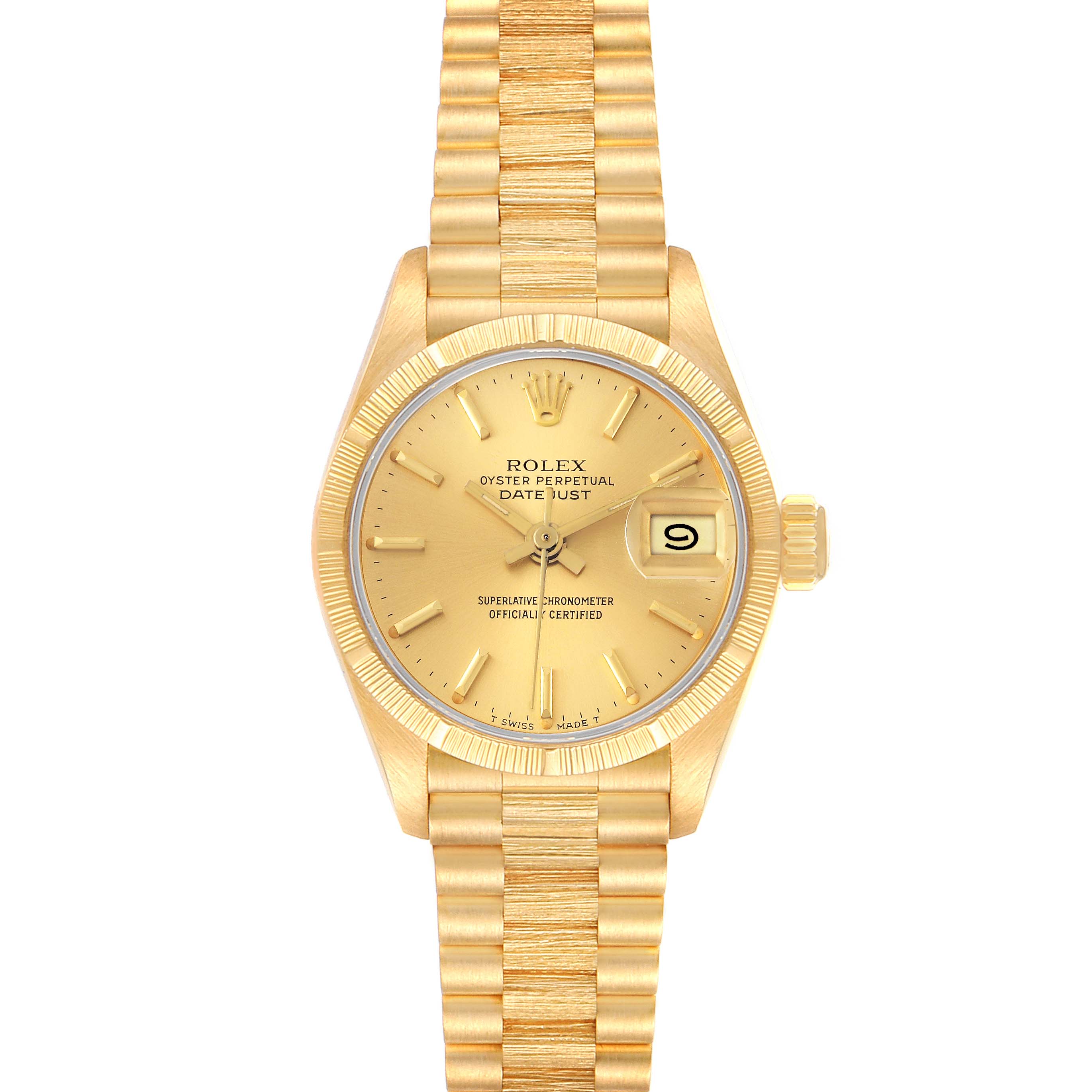 This is a full, front view of a Rolex President 69278 Women's Yellow Gold Champagne Dial 69278 Women's Yellow Gold Champagne Dial model watch, showing the dial, bezel, crown, and bracelet.
